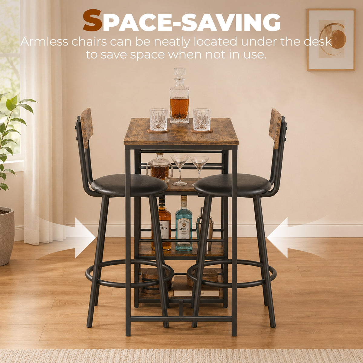 HOMCOM Space Saving Bar Table and PU Leather Stools for 2, 3 Piece Breakfast Bar Table Set with Storage Shelves, Rustic Brown