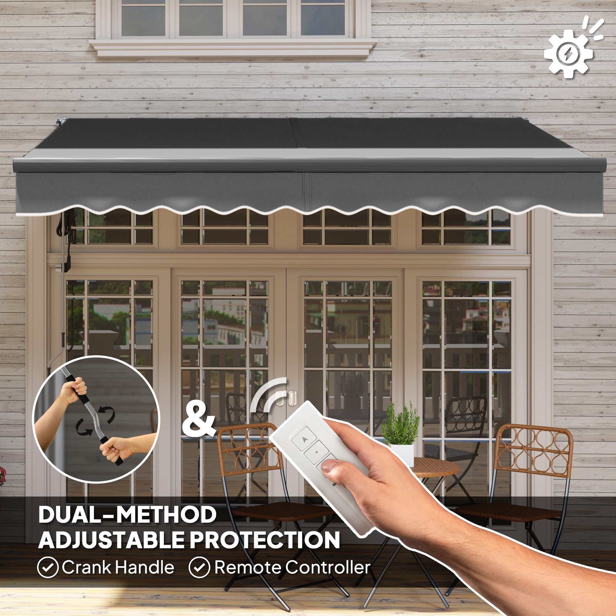 Outsunny 3 x 2.5m Electric Awning with Remote Controller, Aluminium Frame DIY Retractable Awning, UV30+ Sun Shade Canopy for Garden Patio Deck Door Window, Dark Grey - North Peak Garden Furniture