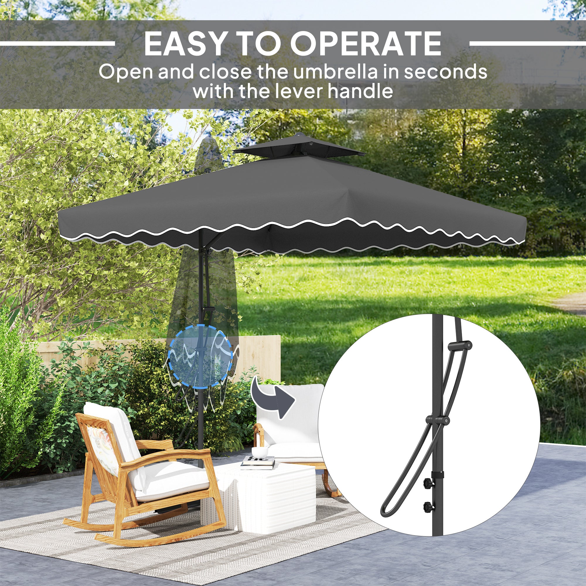 Outsunny 2.5m Cantilever Parasol with Easy Lever, Square Double Top Garden Parasol Umbrella with Ruffles and Cross Base, Overhanging Outdoor Sun Shades, Black - North Peak Garden Furniture