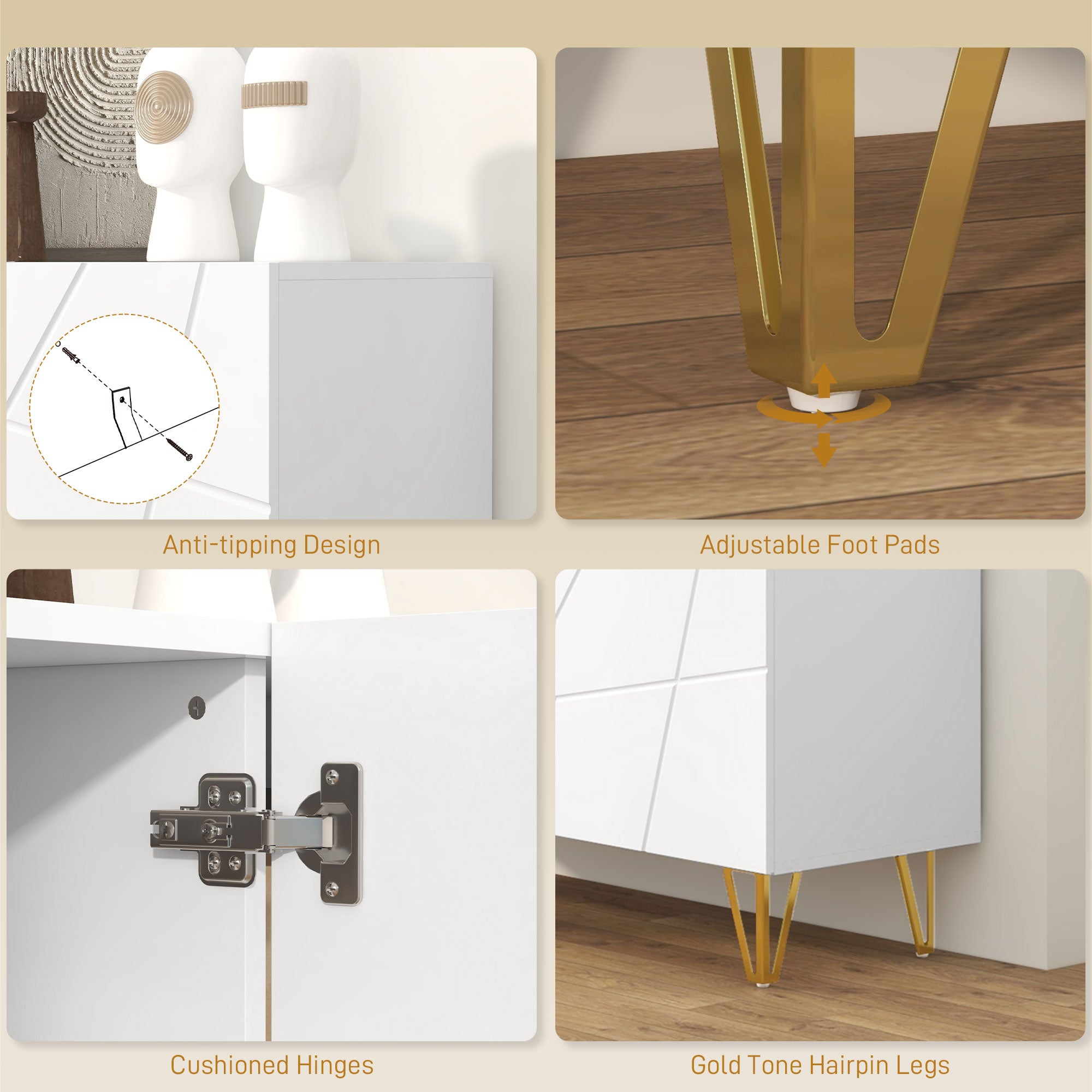 HOMCOM Modern Luxe High Gloss Sideboard, with Hairpin Legs - White - North Peak Garden Furniture