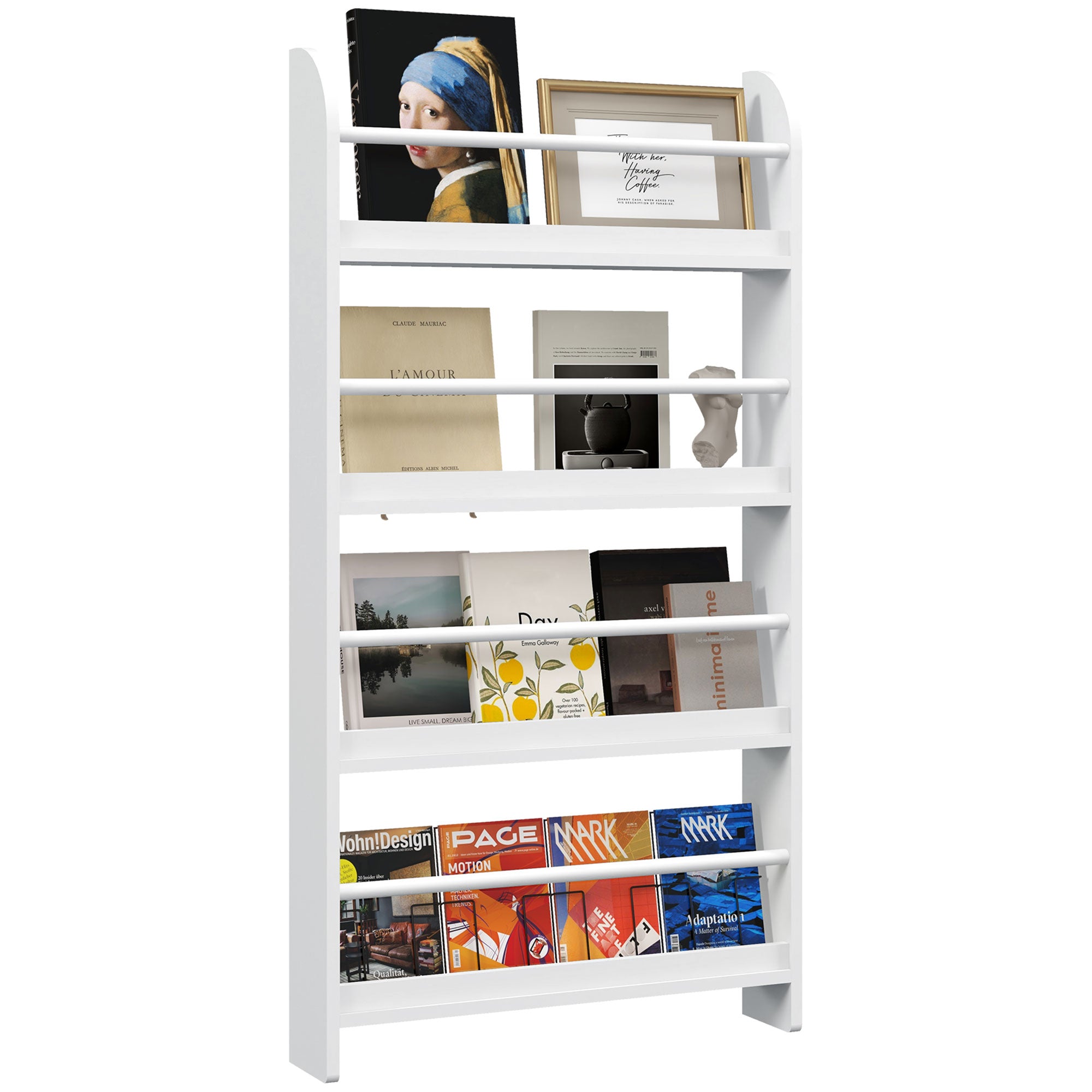 HOMCOM Wood Wall/Standing Magazine Holders Book Rack Shelf 4 Tiers Space Saving Design Water Resist Home Office Decoration - North Peak Garden Furniture