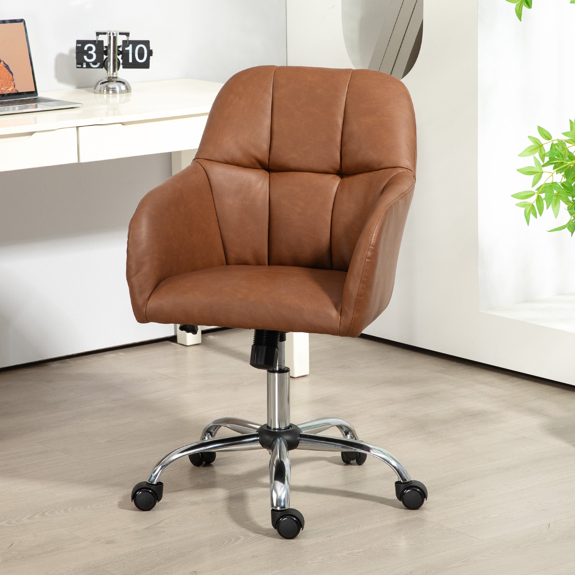 HOMCOM Faux Leather Tub Office Chair, with Wheels - Brown - North Peak Garden Furniture