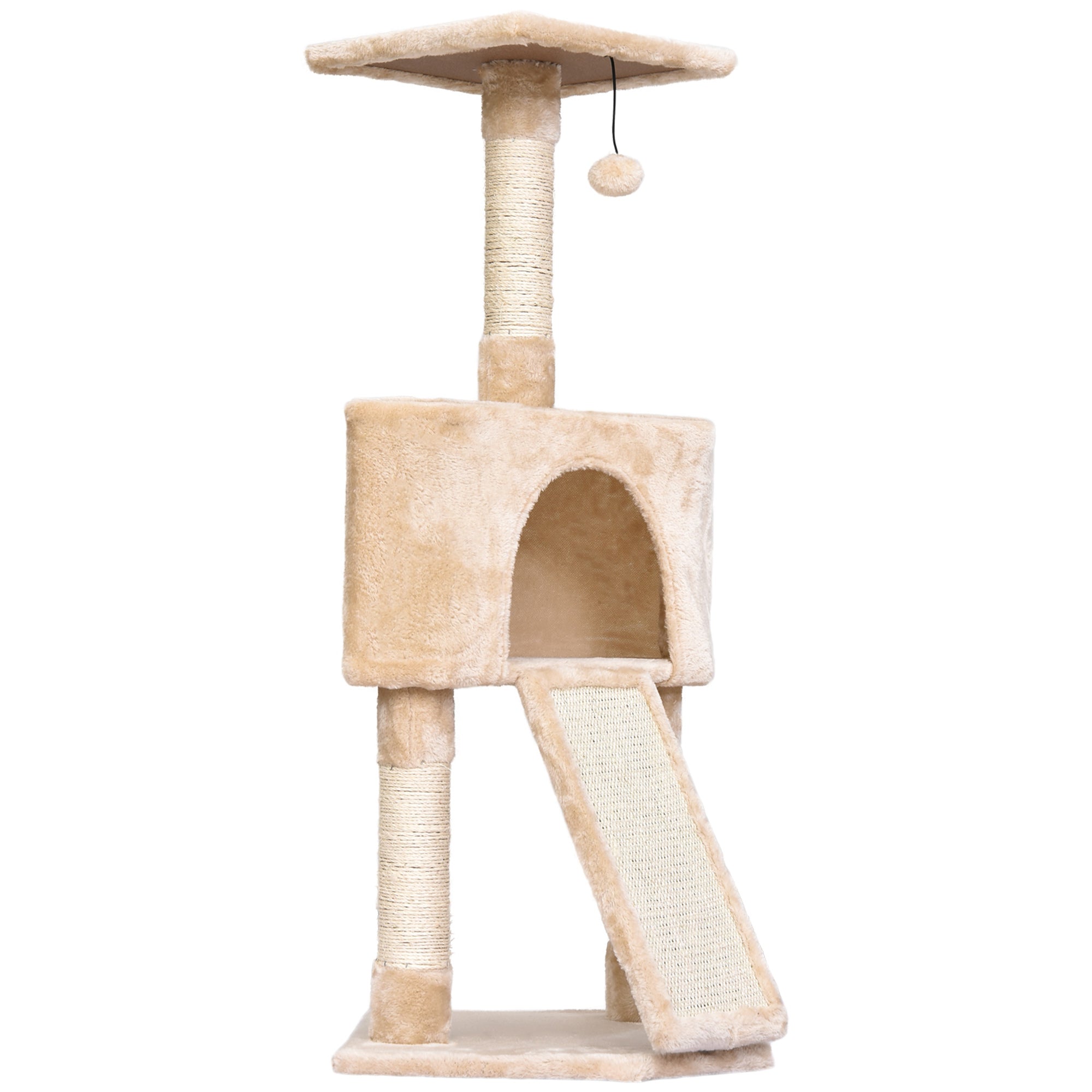 PawHut Interactive 3-Tier Cat Scratching Post: Sisal Rope and Dangle Toy for Play, Beige