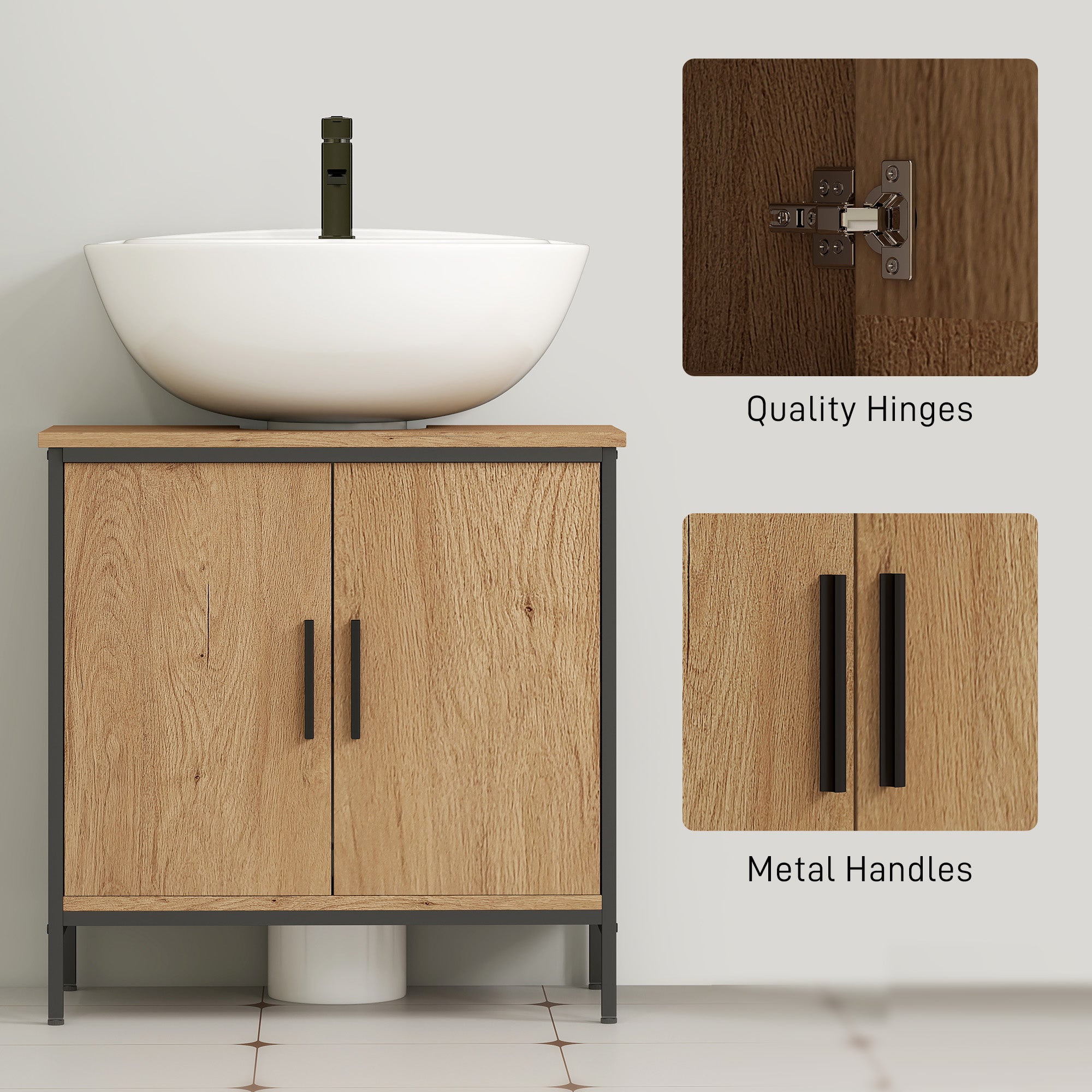 HOMCOM Bathroom Vanity Unit, Under Sink Storage Cabinet with 2 Doors, Adjustable Shelf for Basin without or with Pedestal, Oak - North Peak Garden Furniture