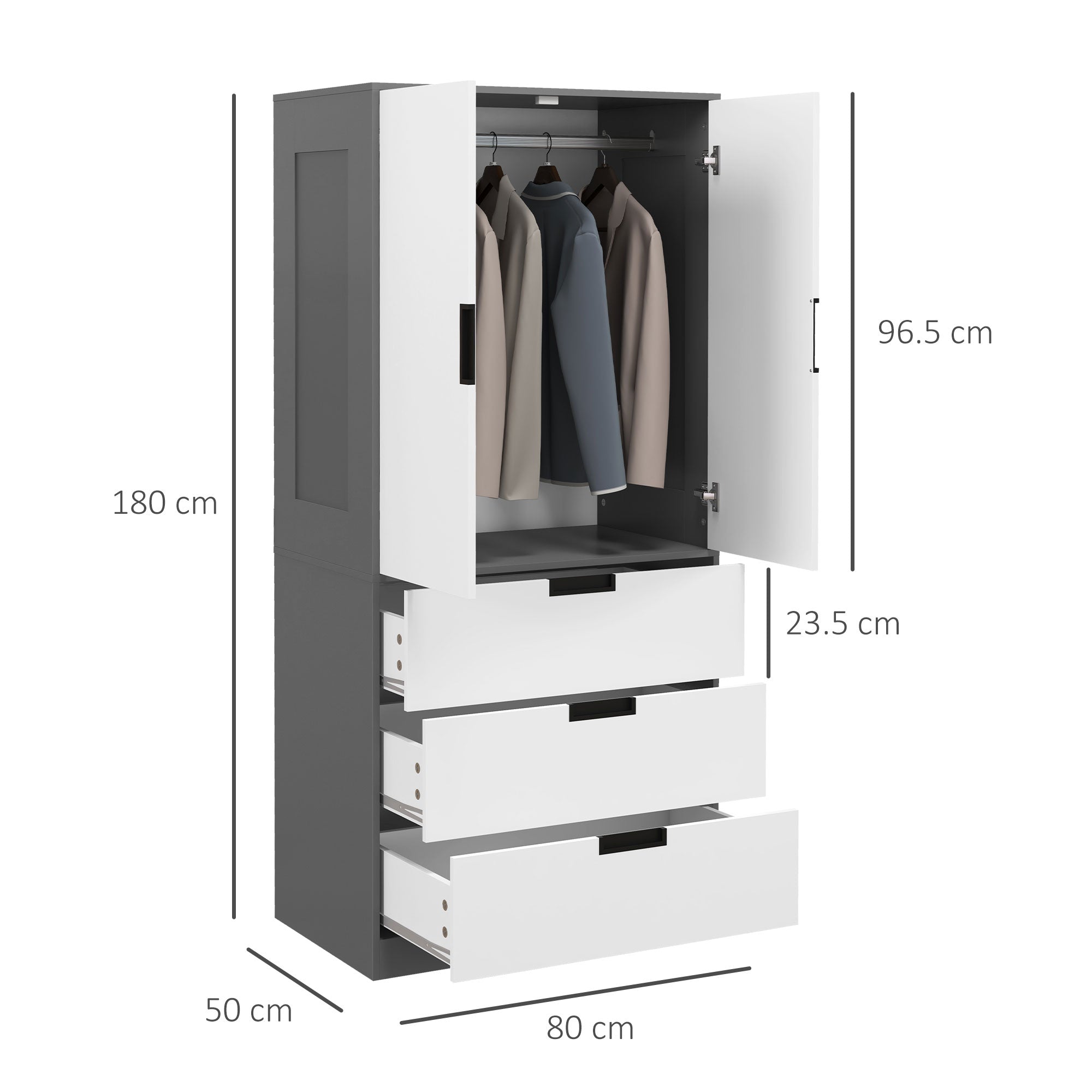 HOMCOM 2 Door Wardrobe, Modern Wardrobe with 3 Drawers and Hanging Rod for Bedroom, Grey