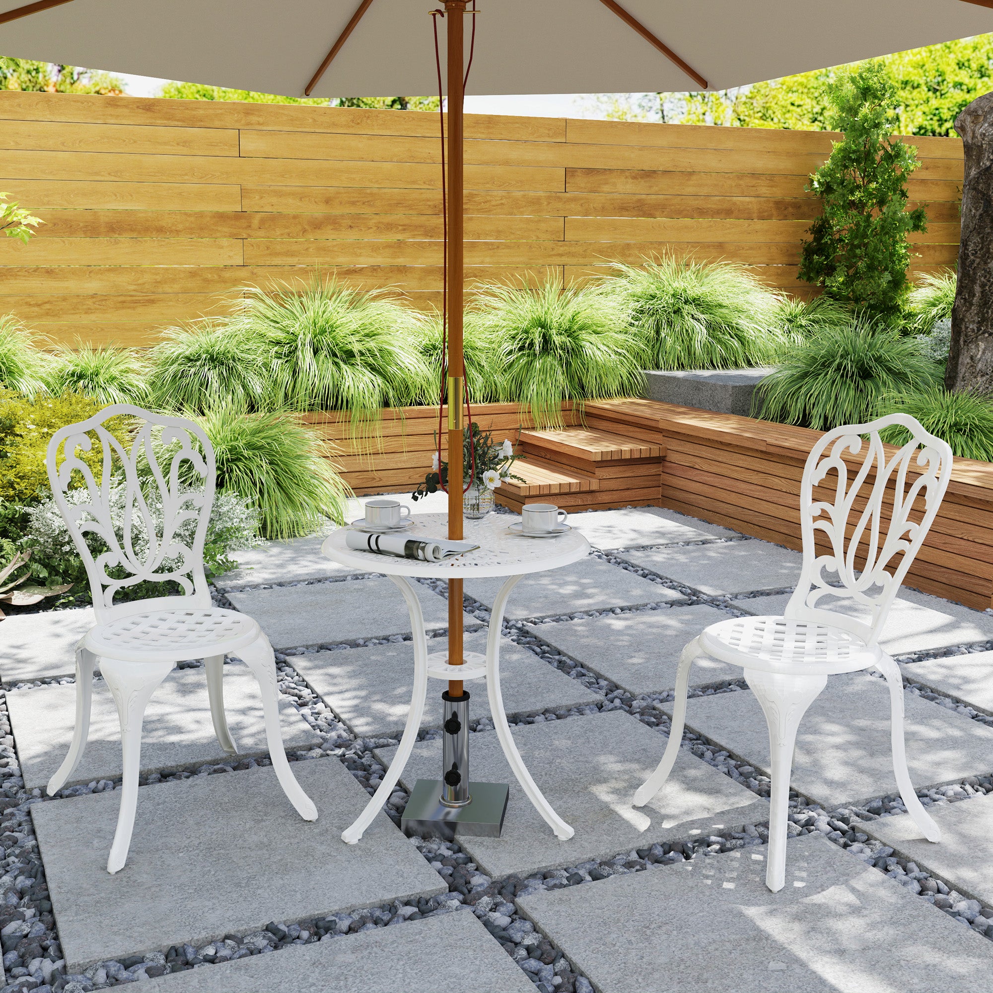 Outsunny 3 Piece Garden Bistro Set, Cast Aluminium Outdoor Furniture Set with Umbrella Hole for Balcony, Porch, Patio, White - North Peak Garden Furniture
