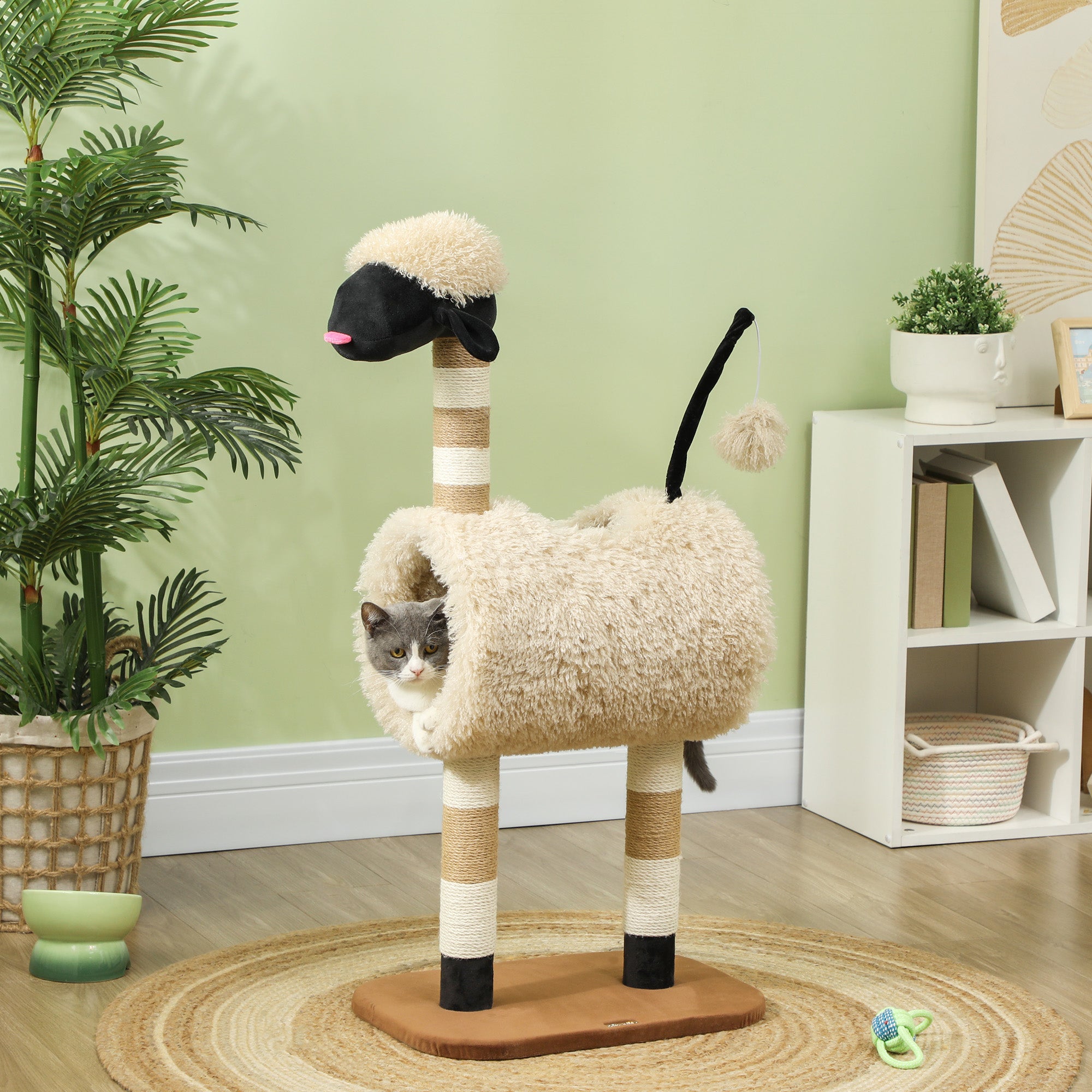 PawHut Cat Tree Sheep Design, 98 cm Multi-Level Cat Tower with Scratching Posts, Tunnel & Play Ball, Light Brown