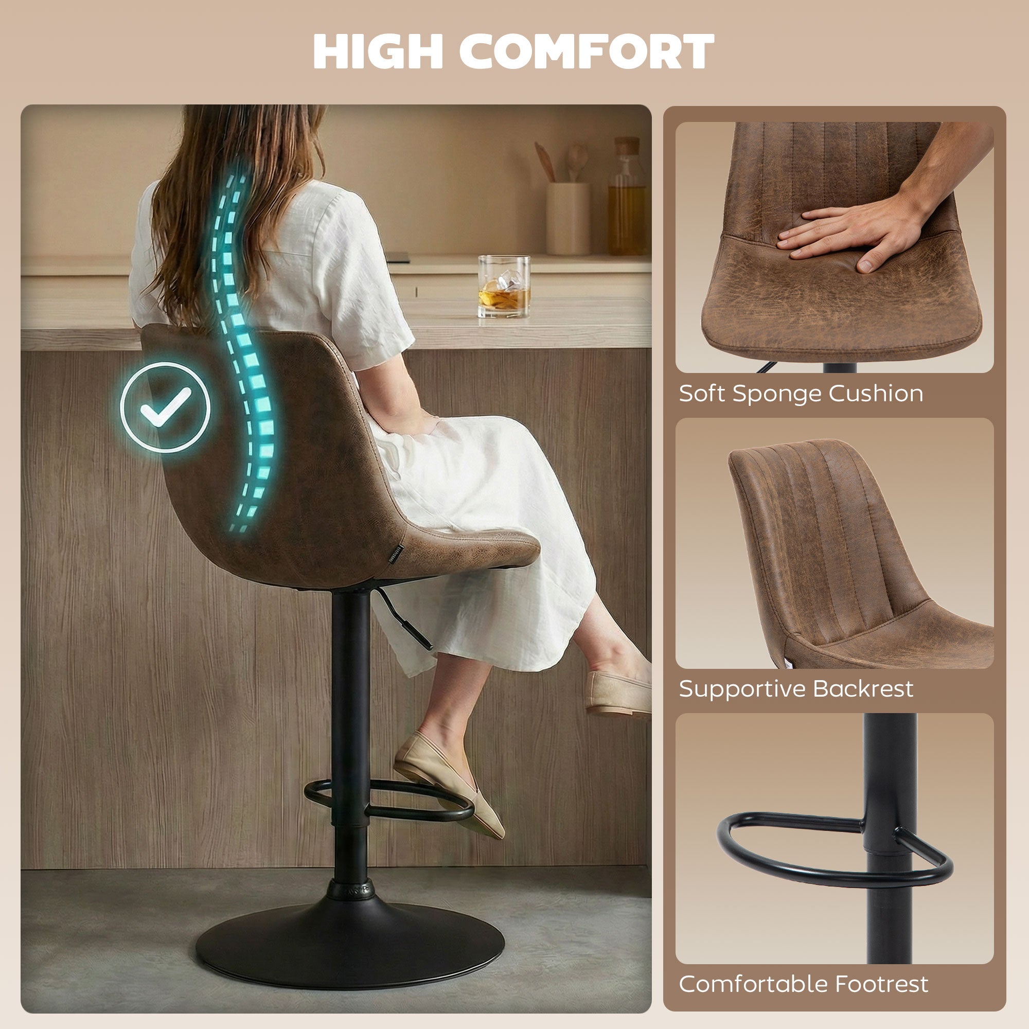 HOMCOM Adjustable Bar Stools Set of 2 Counter Height Barstools Dining Chairs 360° Swivel with Footrest for Home Pub, Brown