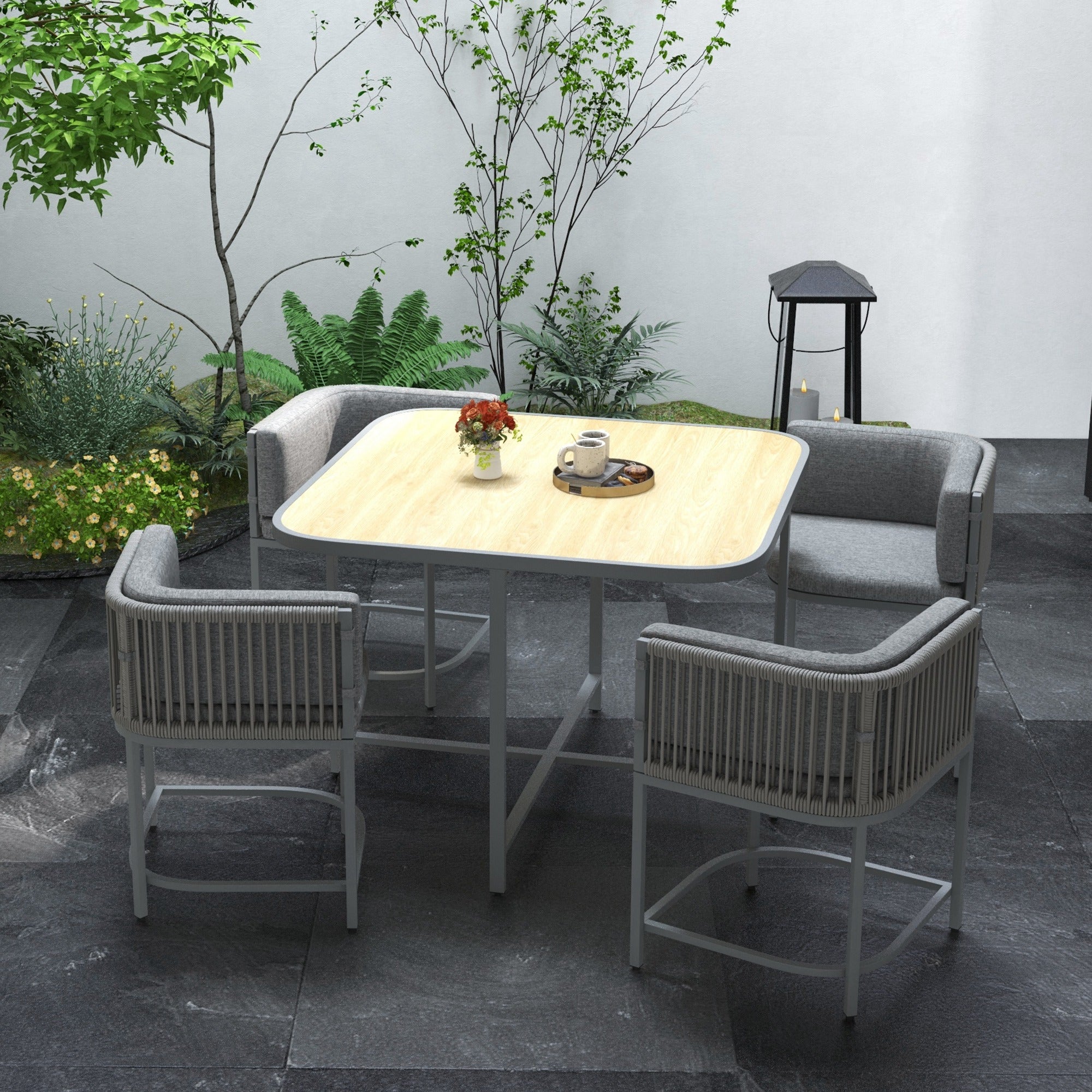 Outsunny 4 Seater Rattan Cube Garden Furniture Set with Cushions, Square Garden Dining Set with Stone Composite Board Top Table, Outdoor Dining Table and Chairs, Grey