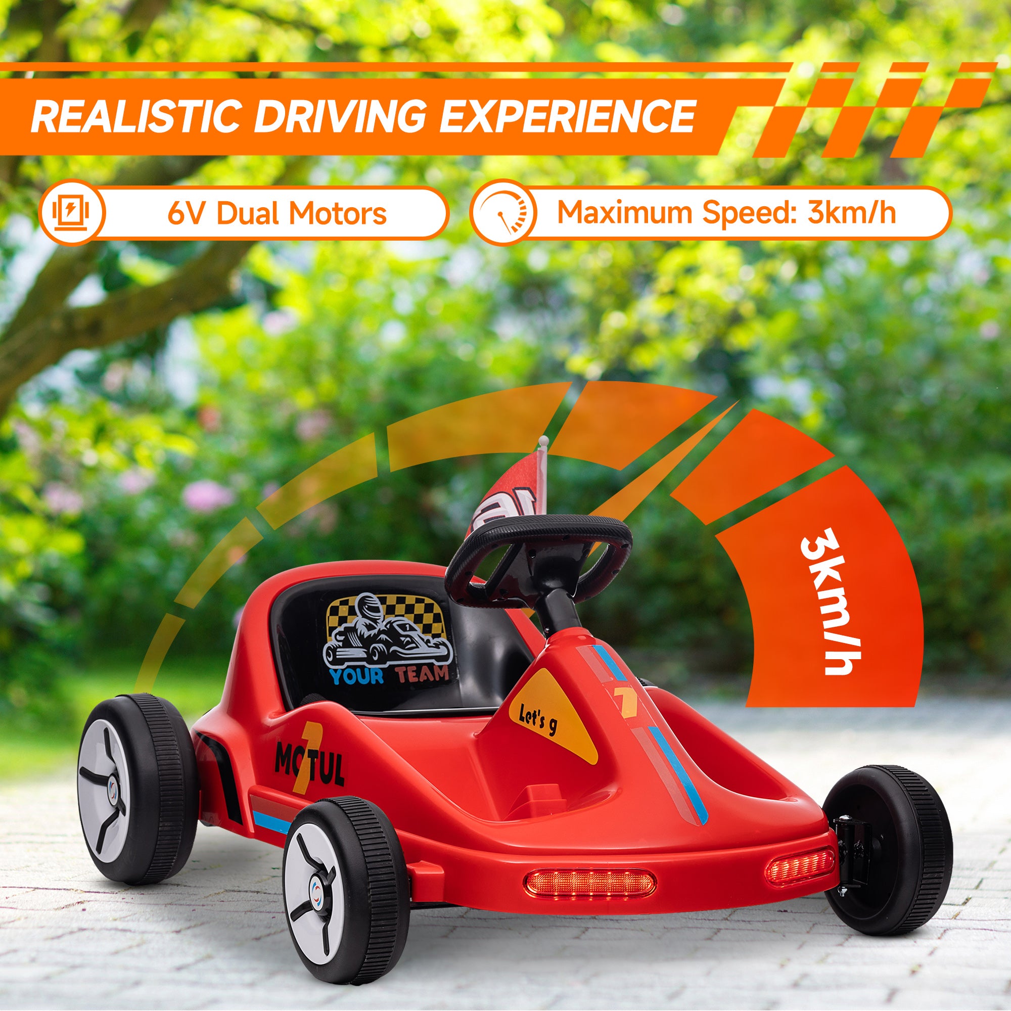 AIYAPLAY 6V Electric Go Kart for Kids with Music, Light, Horn, for 3-5 Years, Red - North Peak Garden Furniture