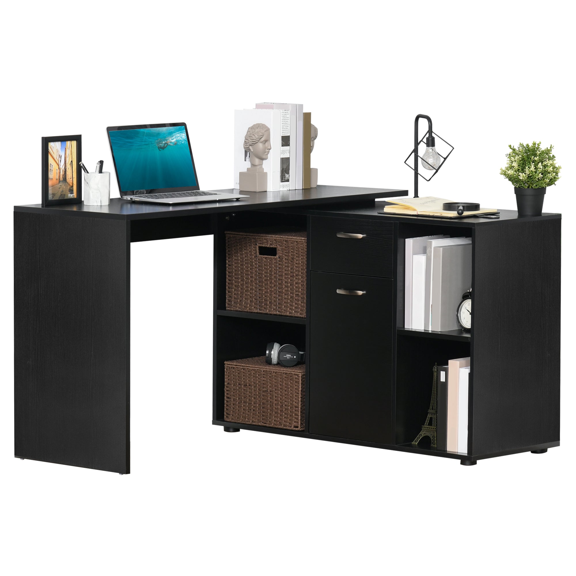 HOMCOM L-Shaped Computer Desk with Storage Compartments, Drawer and Cabinet, Laptop PC Corner Table, Home Office Workstation, 120 x 115 x 76cm, Black