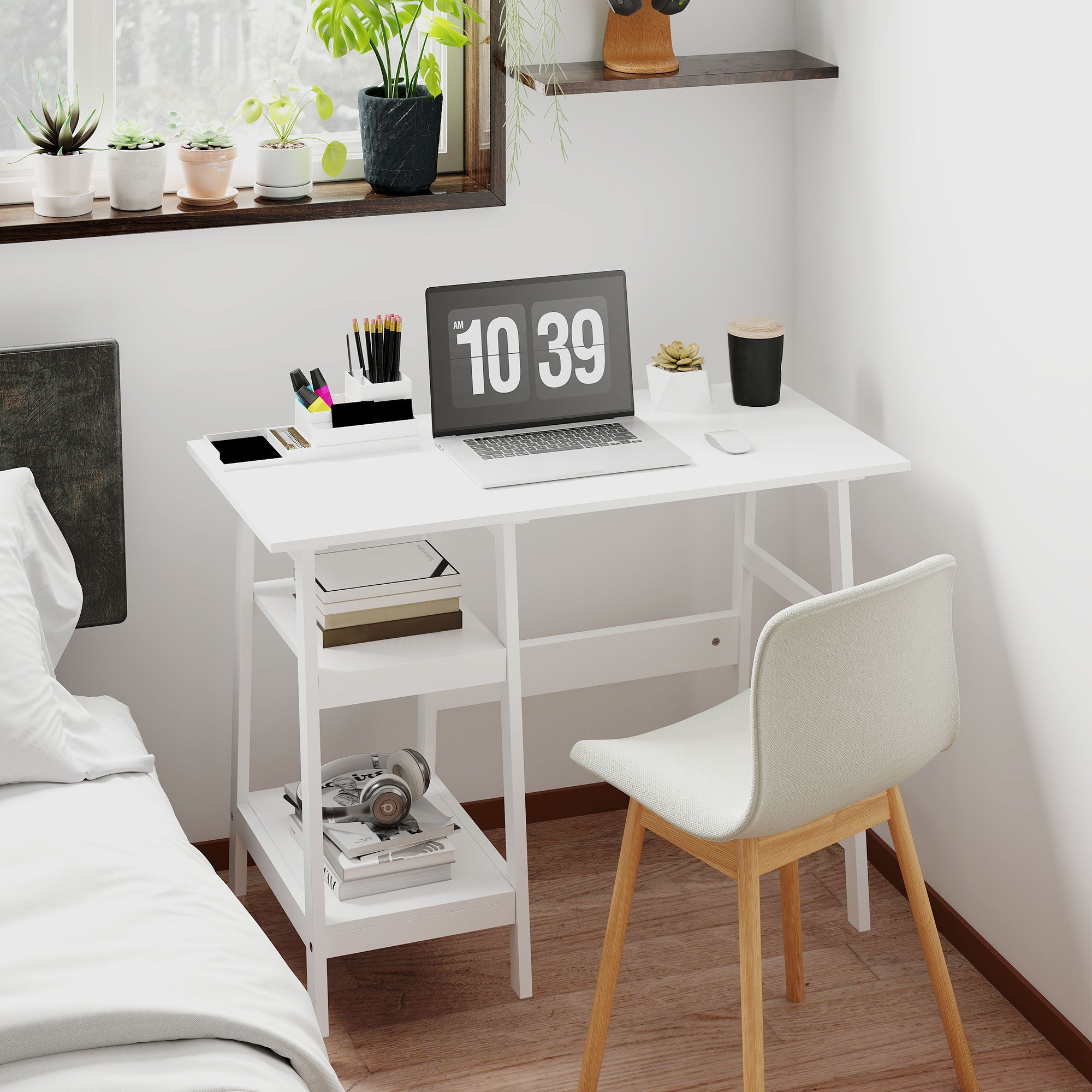 HOMCOM Compact Computer Desk with Storage Shelves, Study Table with Bookshelf, PC Table Workstation for Home Office, Study, Easy Assembly, 106 x 51cm, White - North Peak Garden Furniture