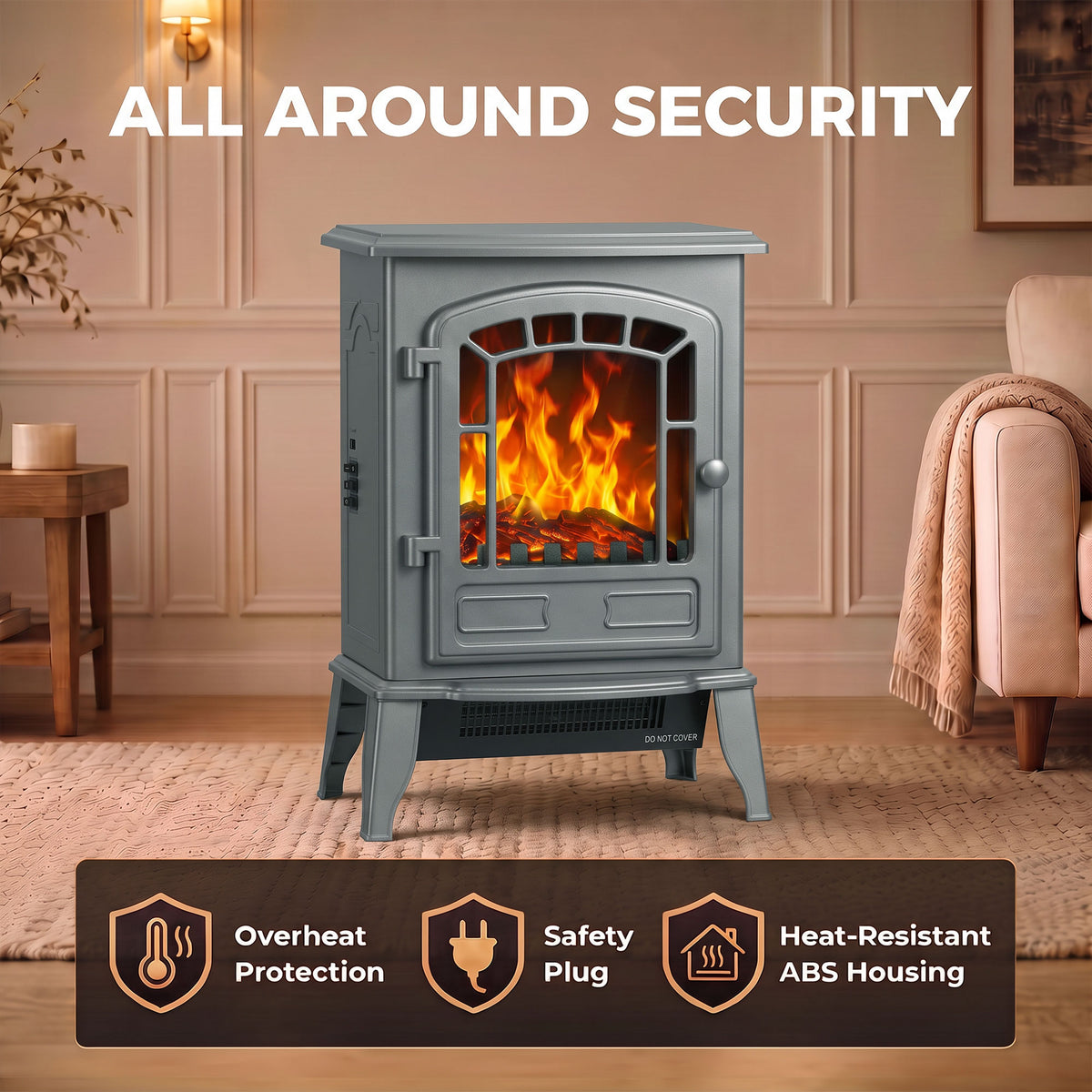 HOMCOM Electric Fireplace Stove, 1000W/2000W, Freestanding Electric Fire with LED Flame Effect, Adjustable Thermostat, Grey