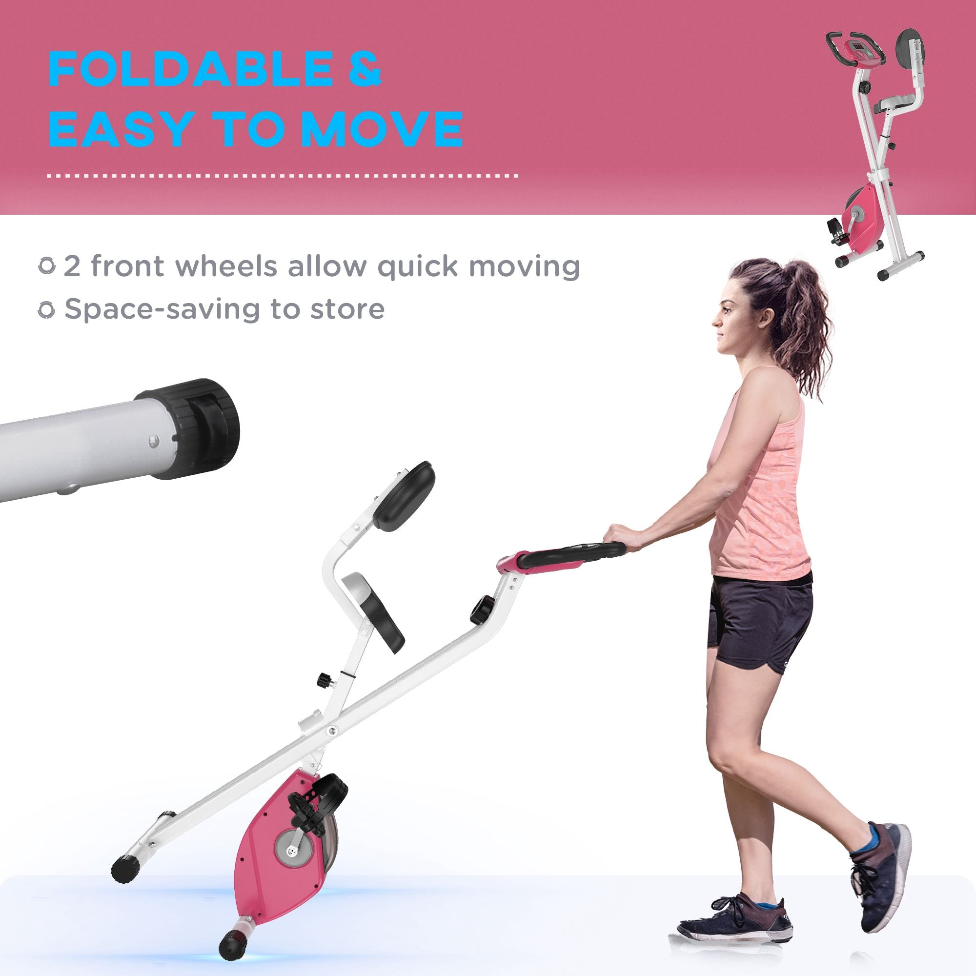 HOMCOM Exercise Bike Fitness Bicycle Indoor trainer Foldable 8-level Magnetic Resistance Adjustable w/LCD Monitor Pulse Sensor, Pink - North Peak Garden Furniture