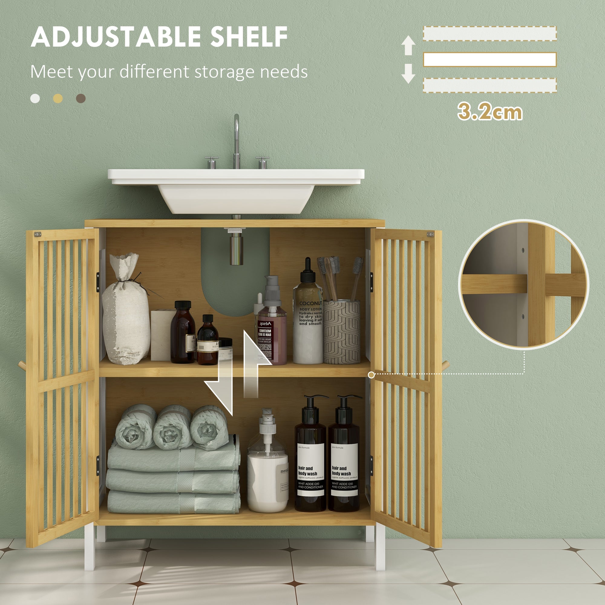 HOMCOM Bamboo-Blend Retro Cut-Out Under Sink Cabinet - North Peak Garden Furniture