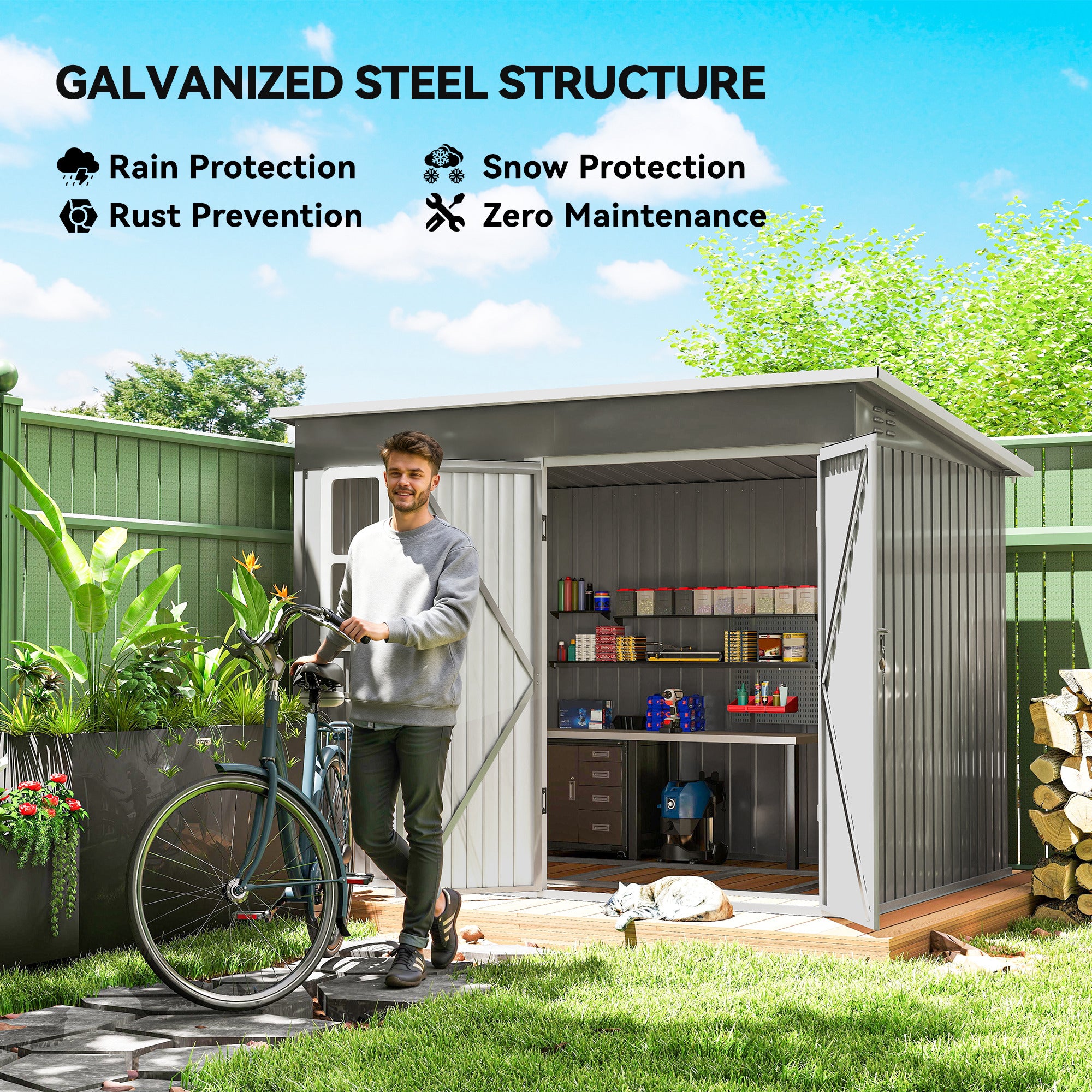 Outsunny 8.5 x 6ft Storage Shed Galvanised Steel Garden Shed, Metal Shed with Foundation Kit, Window, Lockable Wide Doors and Air Vents for Outdoor Patio, Light Grey