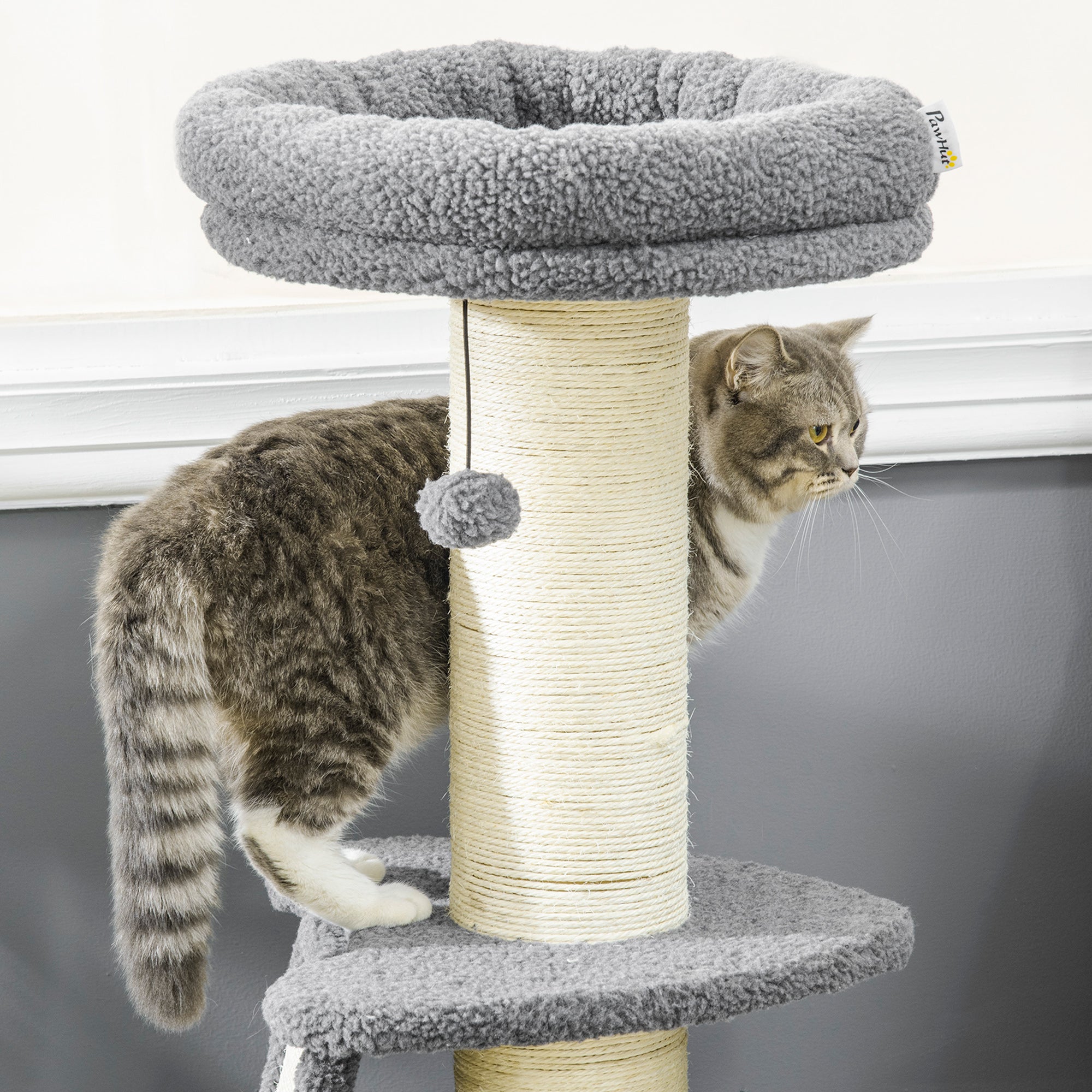 PawHut Cat Tree Tower with Scratching Posts, Pad, Bed, Toy Ball-Dark Grey