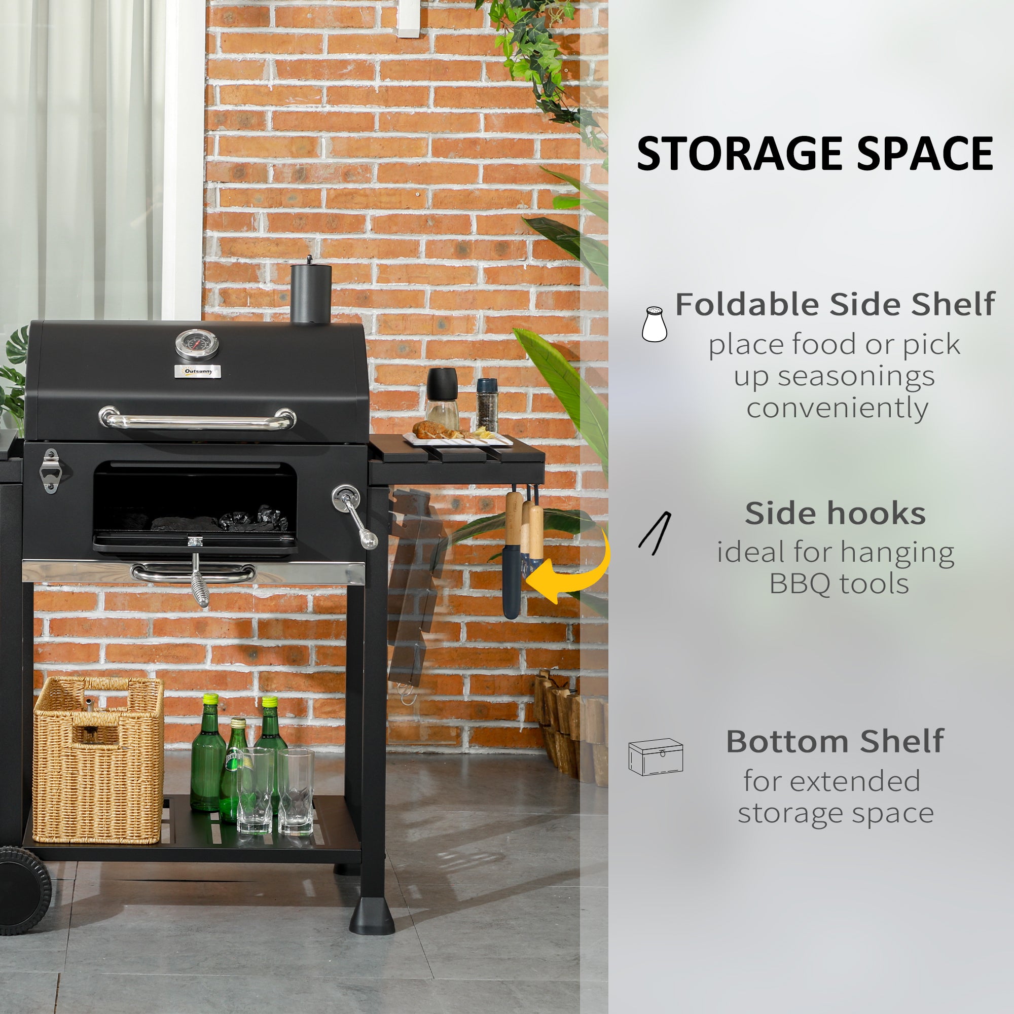 Outsunny Adjustable Charcoal Pan BBQ, with Thermometer and Warming Rack - North Peak Garden Furniture