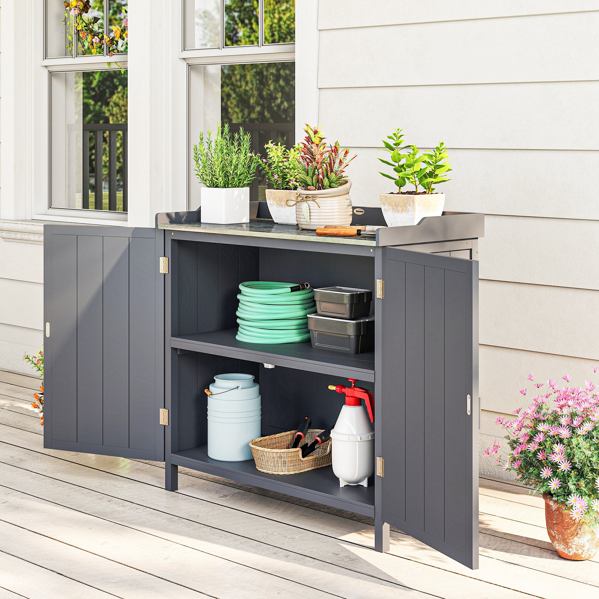 Outsunny Garden Storage Cabinet, Outdoor Tool Shed, Potting Bench Table with Galvanized Top and Two Shelves for Yard Tools or Pool Accessories, Grey