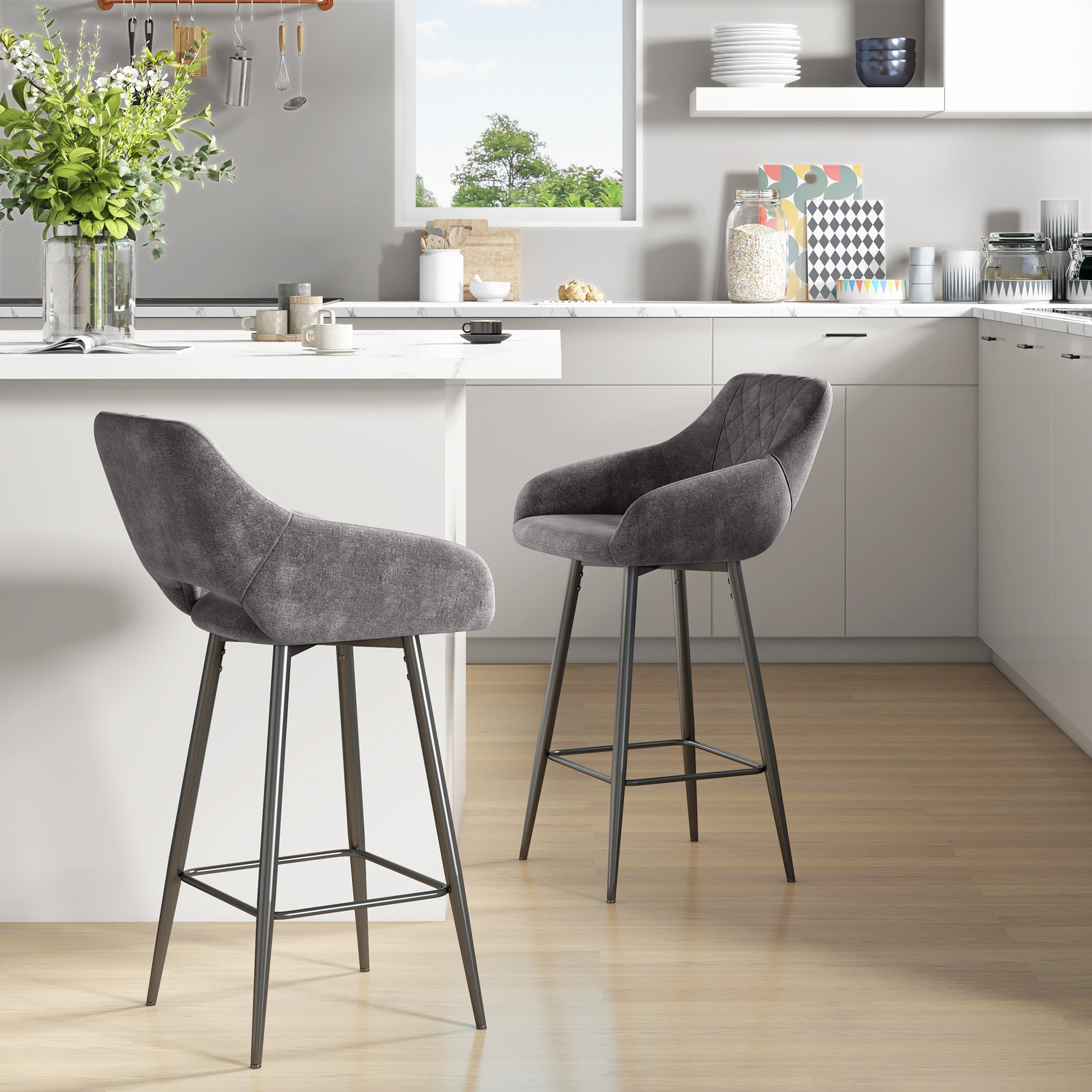 HOMCOM Set of Two Velvet-Feel Bar Stools - Grey