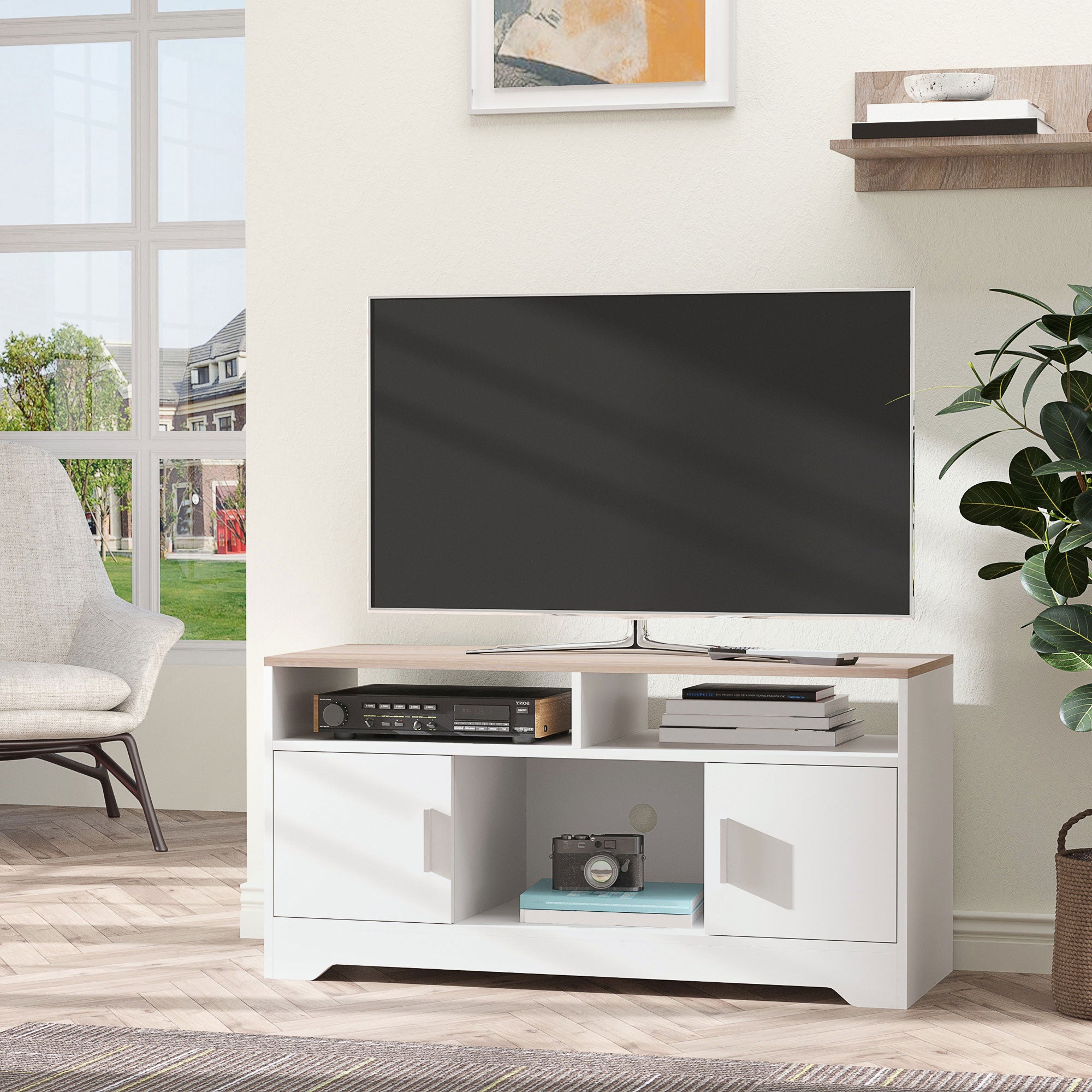 HOMCOM TV Stand Cabinet for TVs up to 50", TV Table Unit with Storage, Open Shelves and Cable Management, Modern TV Console for Living Room Bedroom, White