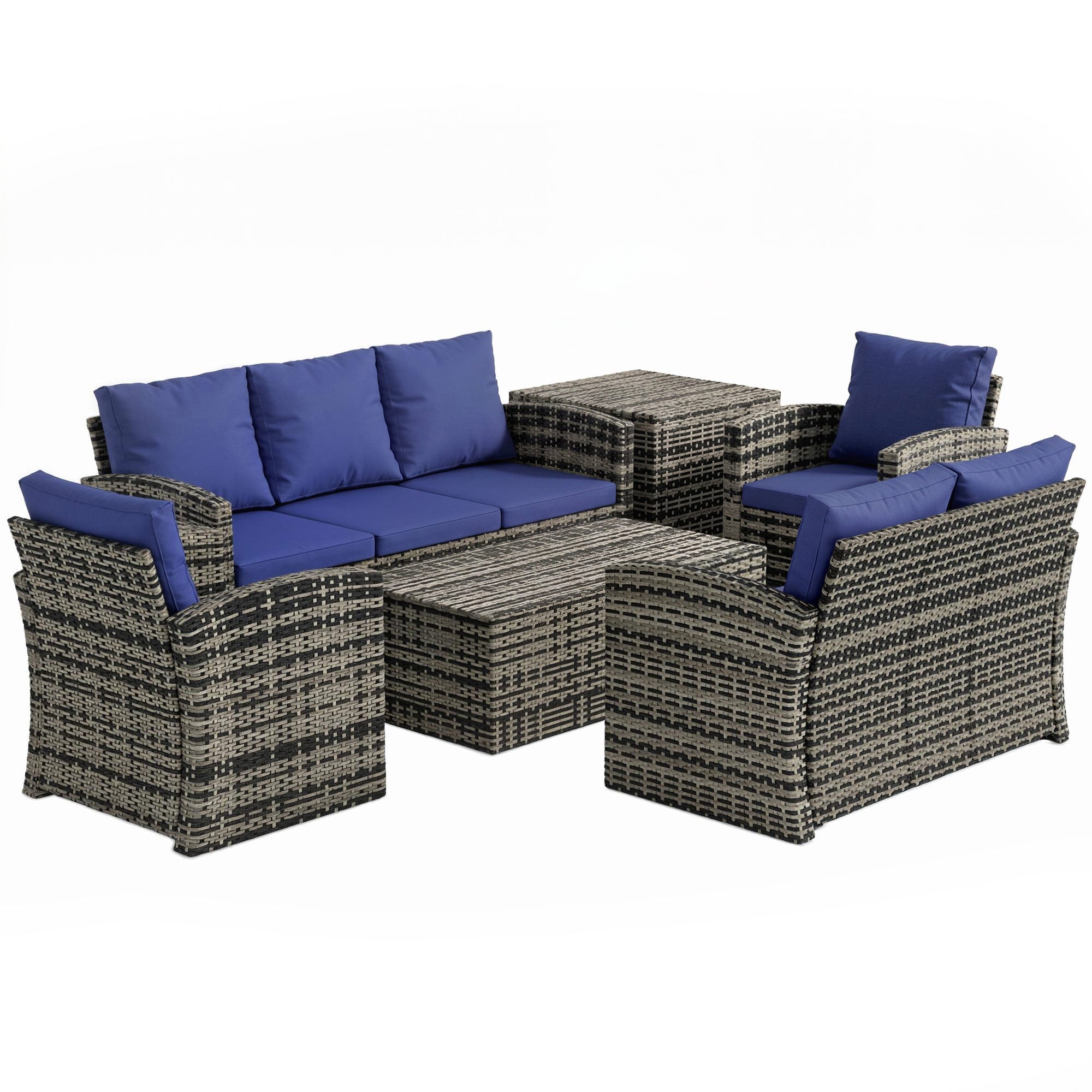 Outsunny 6 Pieces Rattan Garden Furniture Set, 7 Seater Wicker Outdoor Furniture Set with Storage Tea Table & Side Table, Sectional Garden Sofa Set with Cushions, Navy Blue