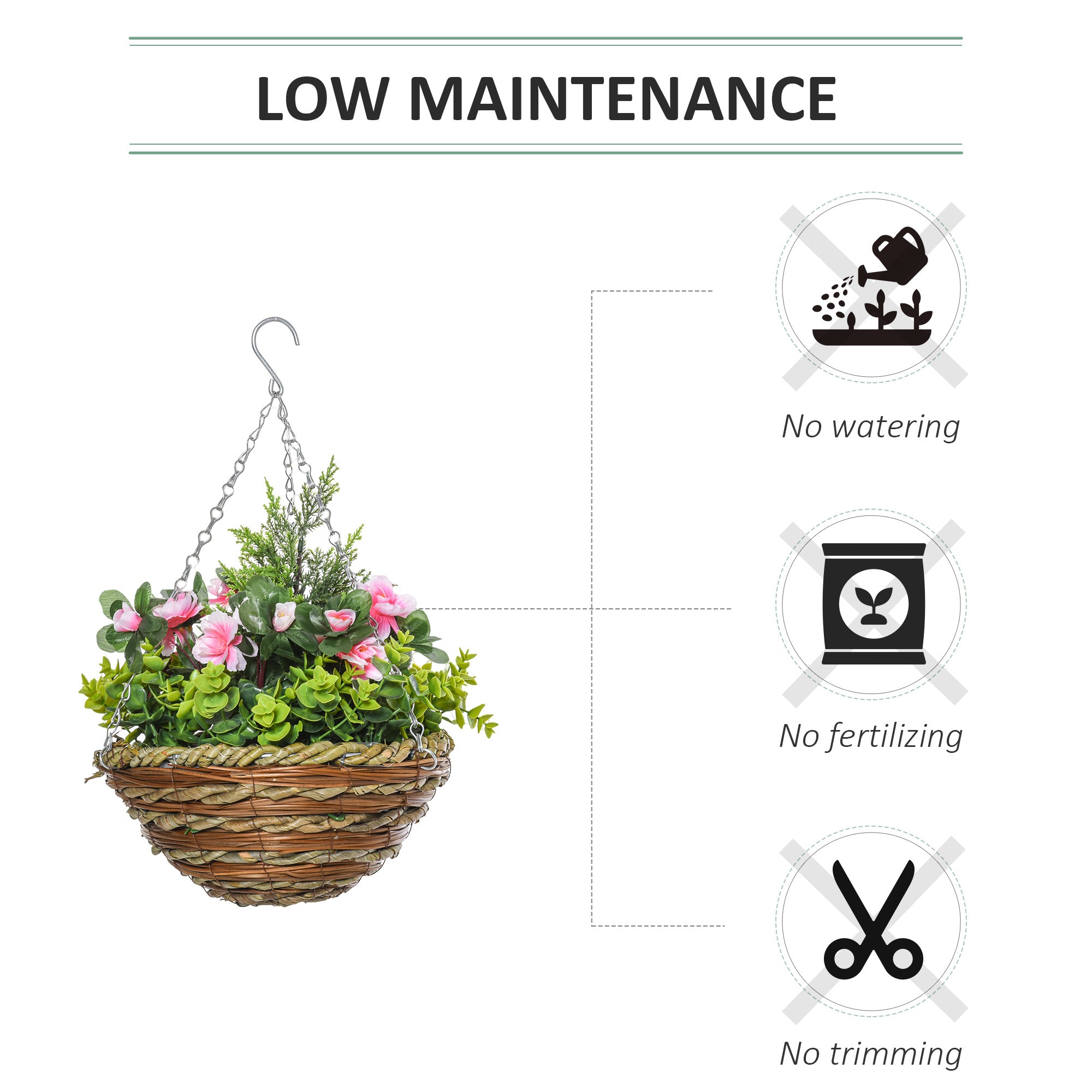Outsunny Pack of 2 Faux Plant Artificial Lisianthus Flowers Hanging Planter with Basket for Indoor Outdoor Decoration, Pink - North Peak Garden Furniture