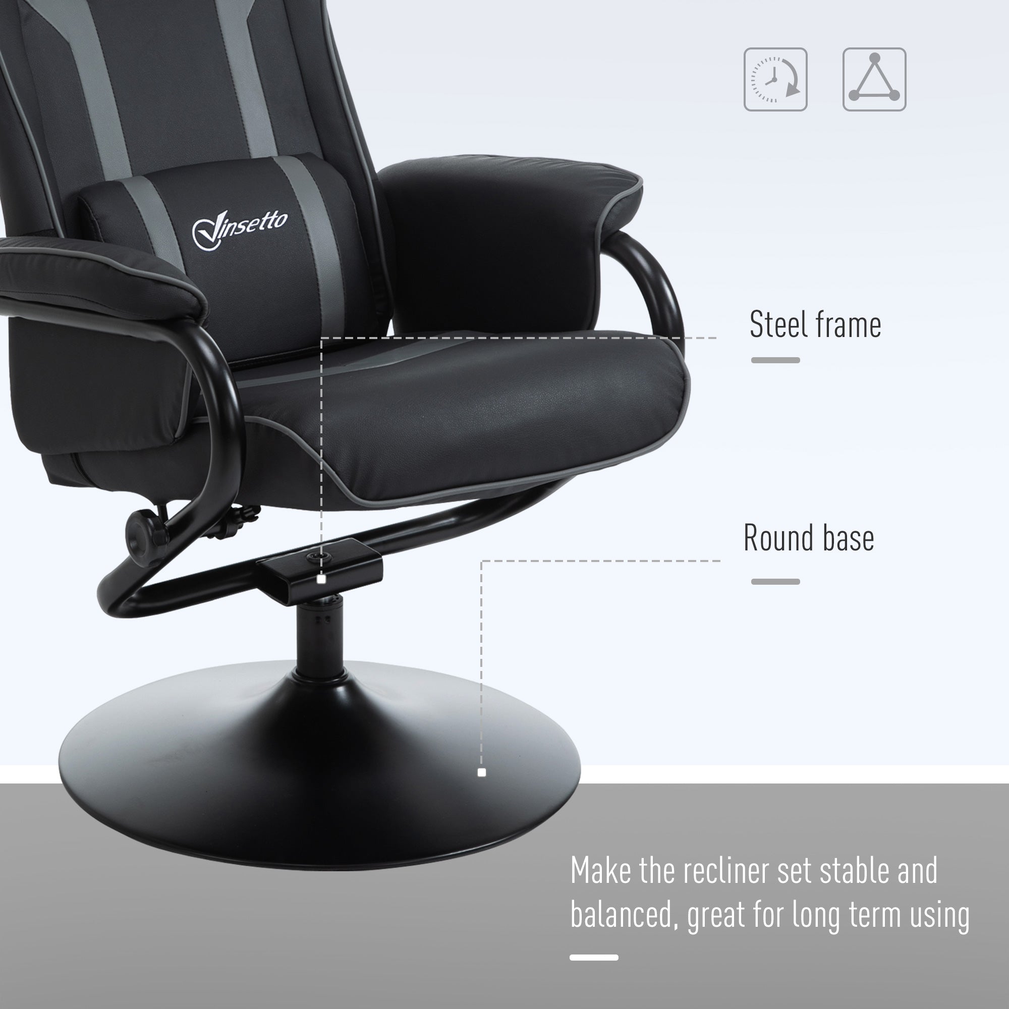 Vinsetto Reclining Chair and Stool Set, Recliner Chair with Headrest, Gaming Chair with Lumbar Support, Pedestal Base for Home Office, Grey - North Peak Garden Furniture
