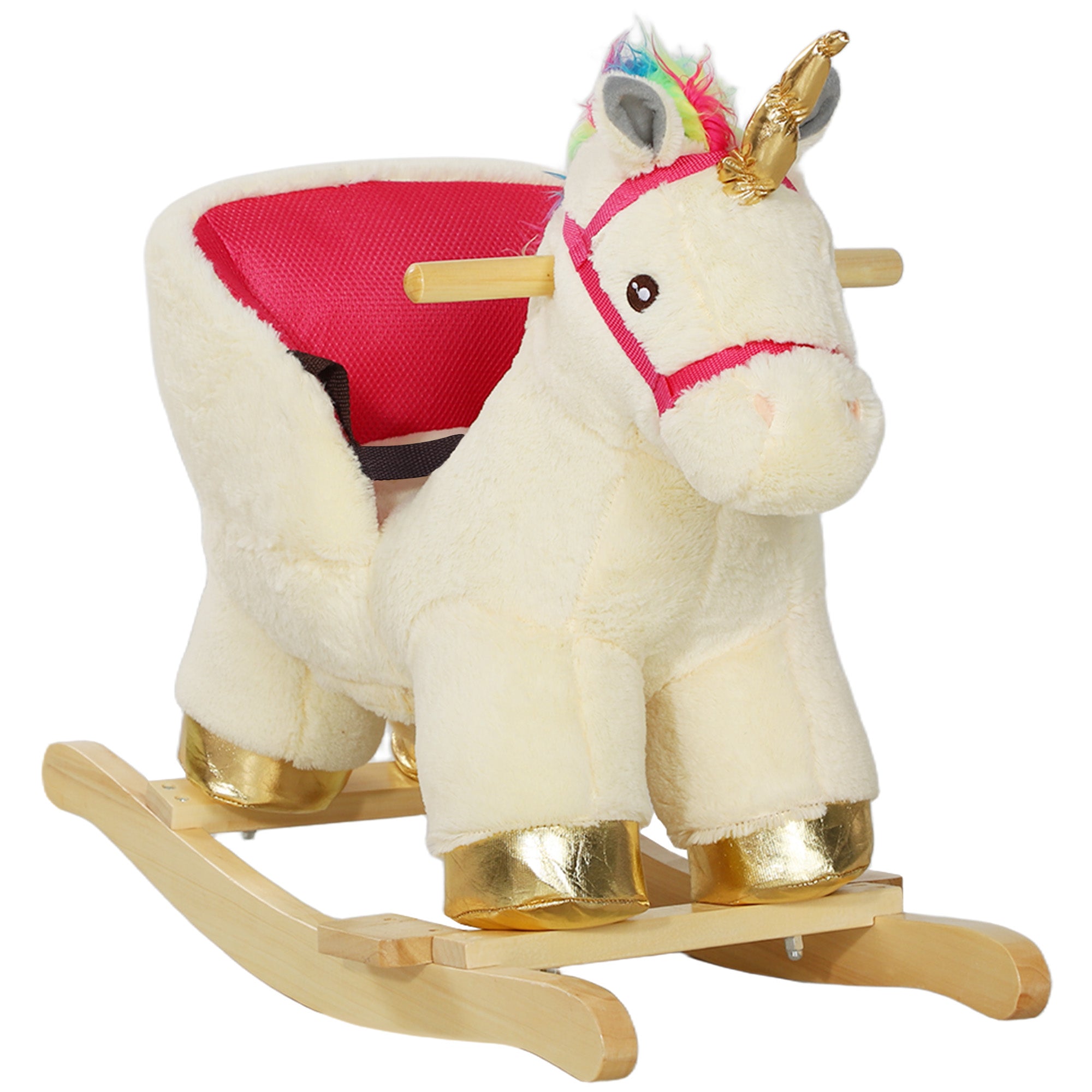 AIYAPLAY Kids Rocking Horse with Realistic Sounds, Safety Belt, Wooden Base, for Ages 18-36 Months, Cream White - North Peak Garden Furniture