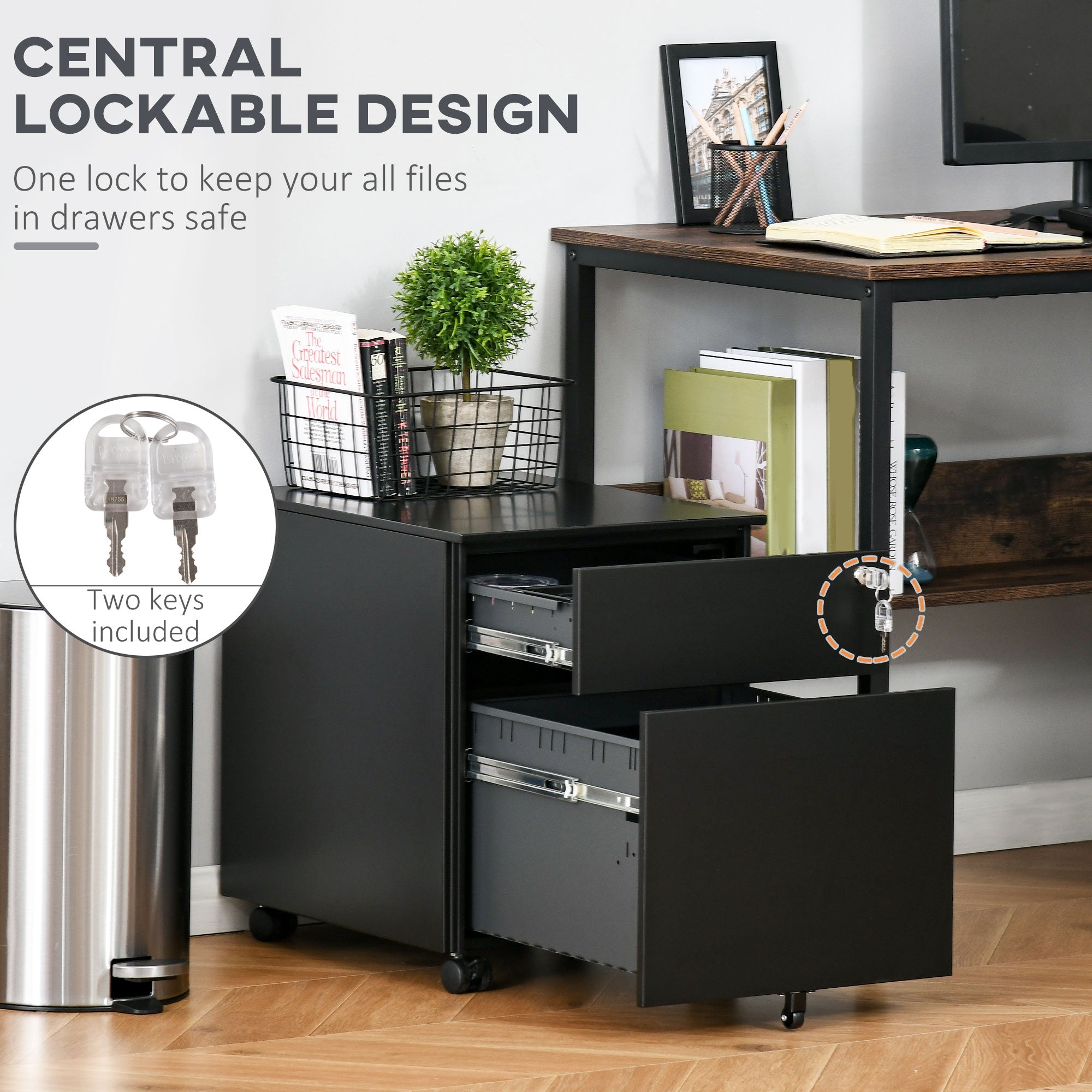 Vinsetto 2-Drawer Vertical File Cabinet, Lockable Steel Filing Cabinet with Pencil Tray and Hanging Bar for A4, Letter, Legal-sized Files, Fully Assembled Except Casters, Black - North Peak Garden Furniture