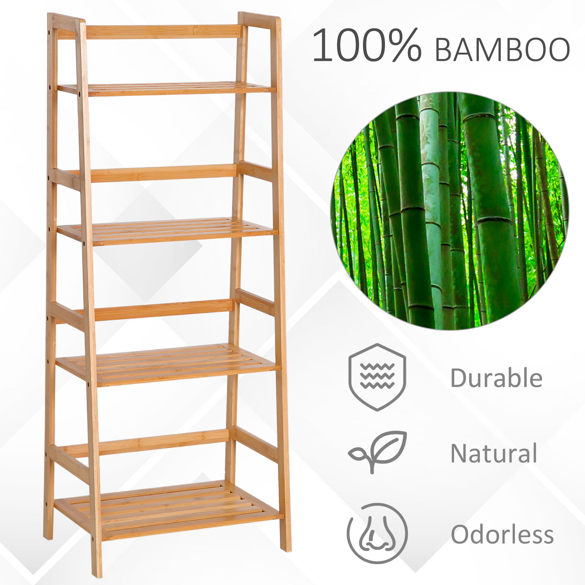 HOMCOM Bamboo Ladder Shelf, 4-Tier Bookshelf, Freestanding Bookcase for Living Room, Study, Bedroom, Home Office, 48 x 31.5 x 120cm, Natural Wood Effect - North Peak Garden Furniture
