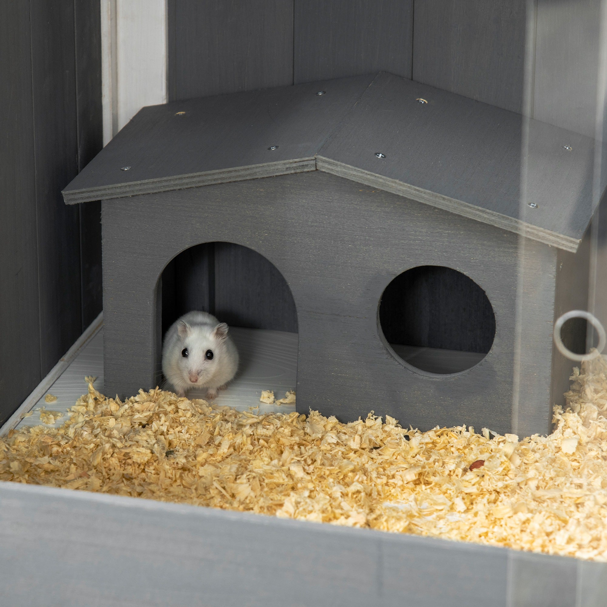 PawHut Wooden Hamster Cage for Dwarf Hamsters, Gerbils, Rutin Chicken, with Shelf, Two Huts - Grey - North Peak Garden Furniture