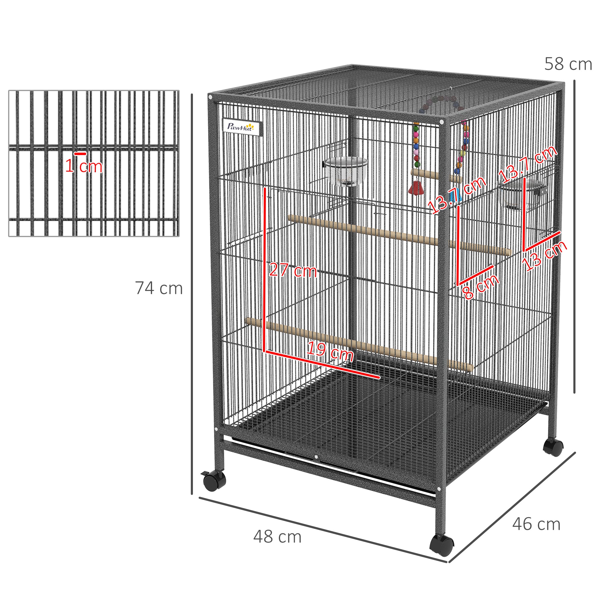 PawHut Bird Cage, Budgie Cage, with Rolling Stand, for Small Birds - Grey - North Peak Garden Furniture
