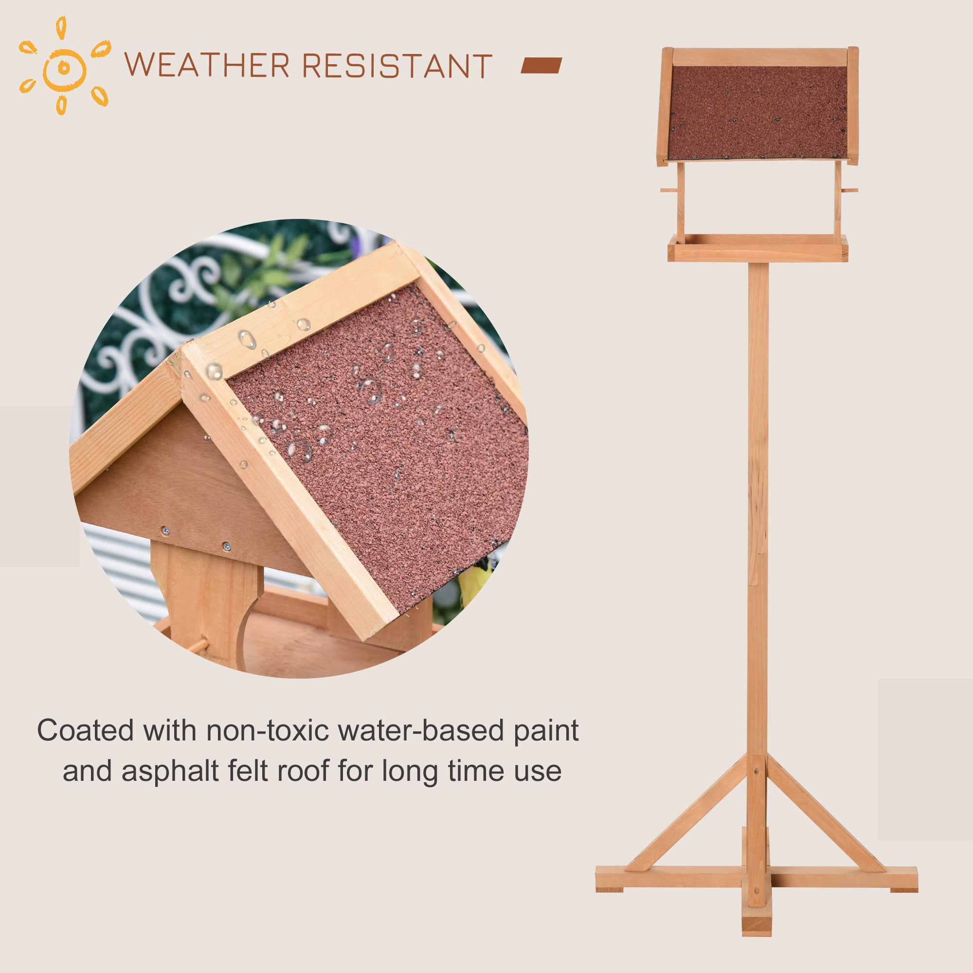 PawHut Bird Feeder Table, Wooden Freestanding Outdoor Feeding Station with Weatherproof Roof, Cross-shaped Base, Natural, 55 x 55 x 144cm