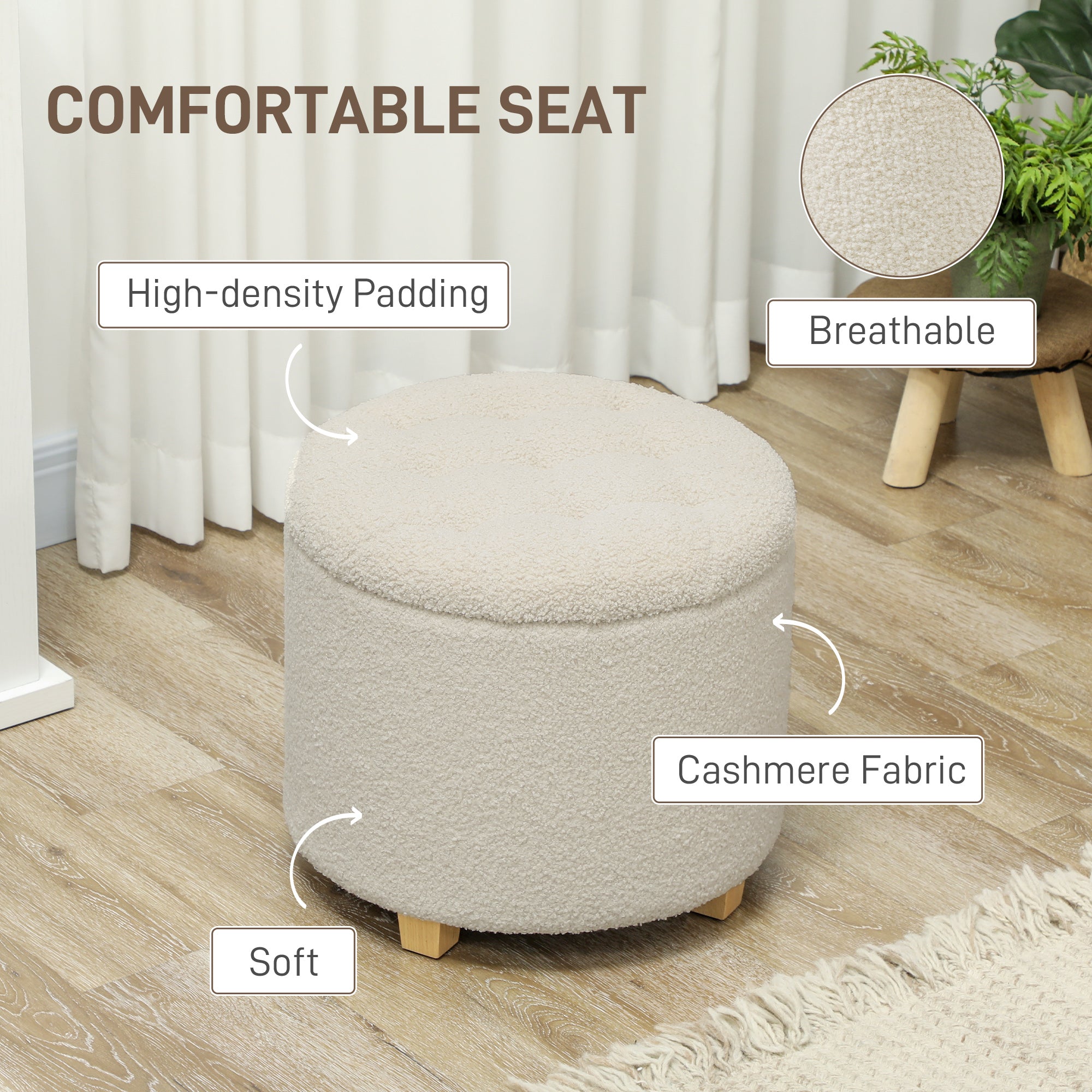 HOMCOM 31.8L Teddy Fleece Storage Ottoman - Cream White - North Peak Garden Furniture
