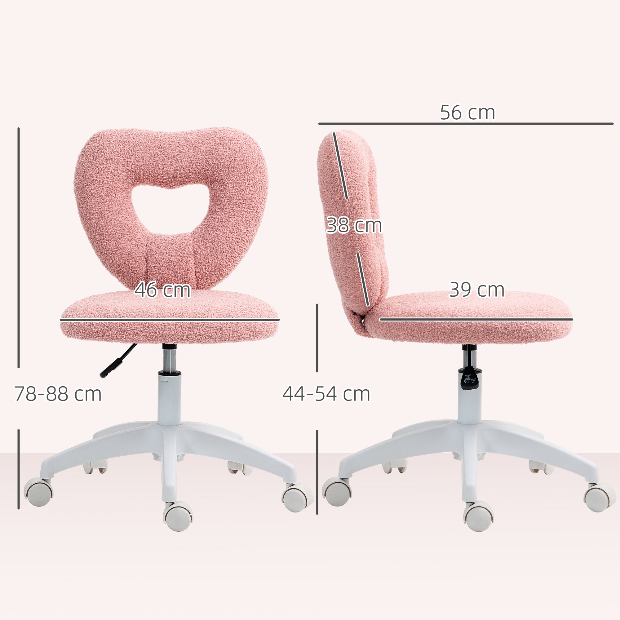 HOMCOM Armless Heart Computer Desk Chair, Teddy Fleece Swivel Office Chair, Makeup Vanity Chair with Height Adjustable, Wheels, for Home Study Bedroom, Pink - North Peak Garden Furniture
