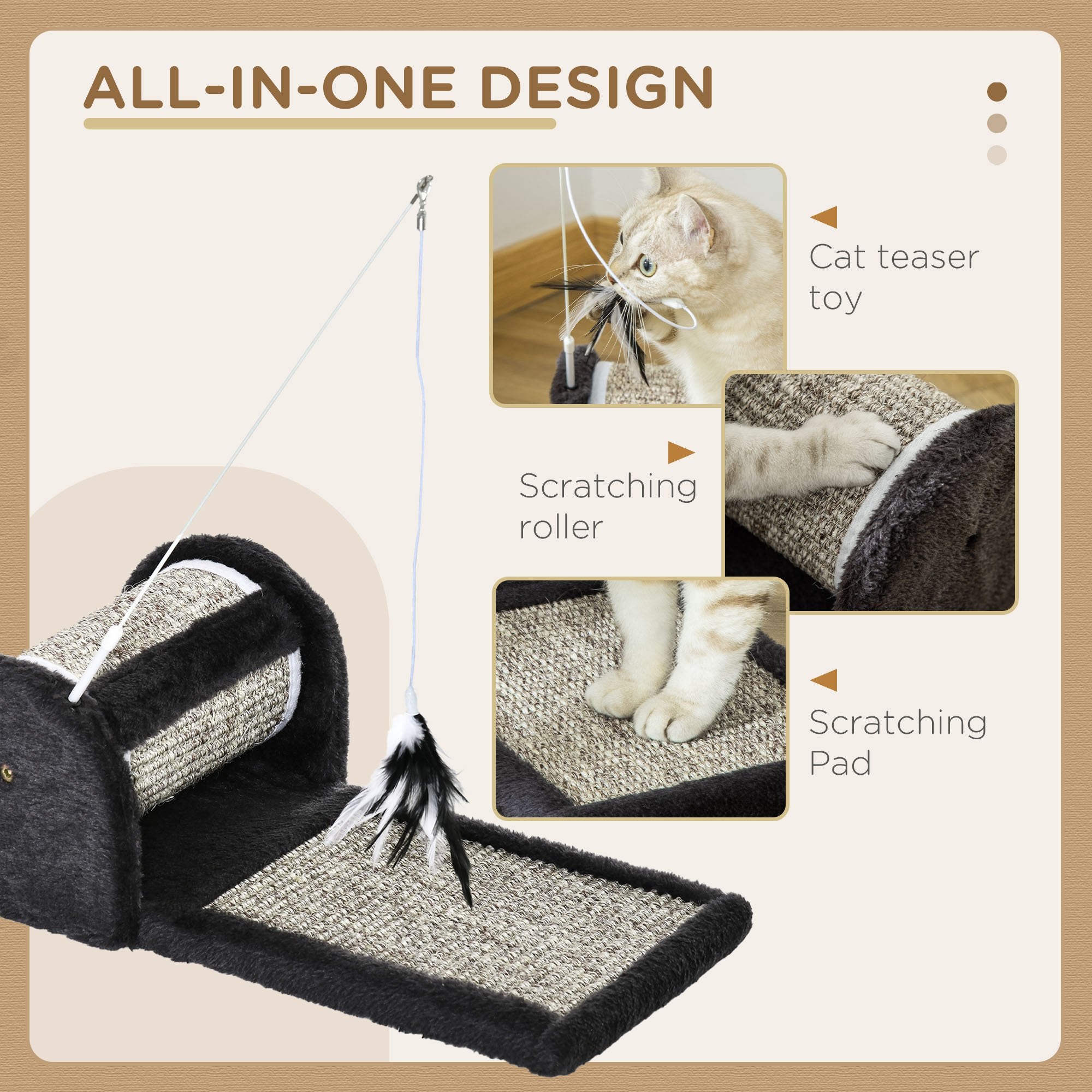 PawHut Cat Scratcher, Sisal Cat Scratching Board Mat Pad with Roller, Feather Toy, 44 x 24 x 16 cm, Grey