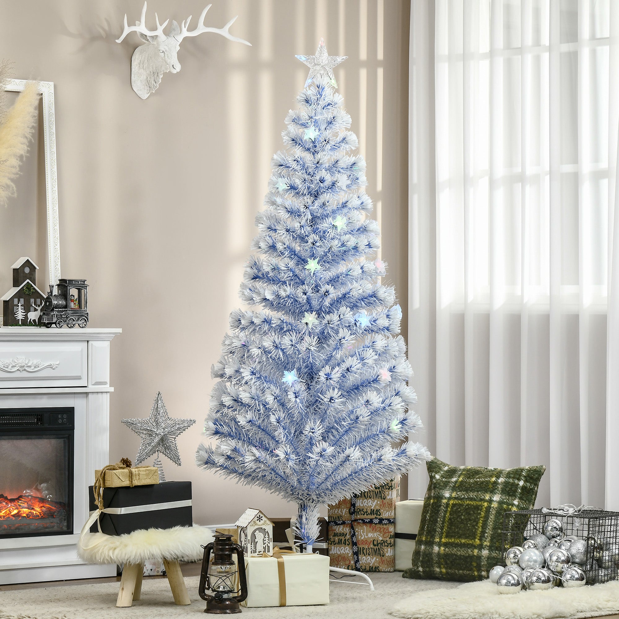 HOMCOM 6FT Artificial Fibre Optic Christmas Tree Seasonal Decoration w/ LED Lights Pre-Lit Easy Store White Blue - North Peak Garden Furniture
