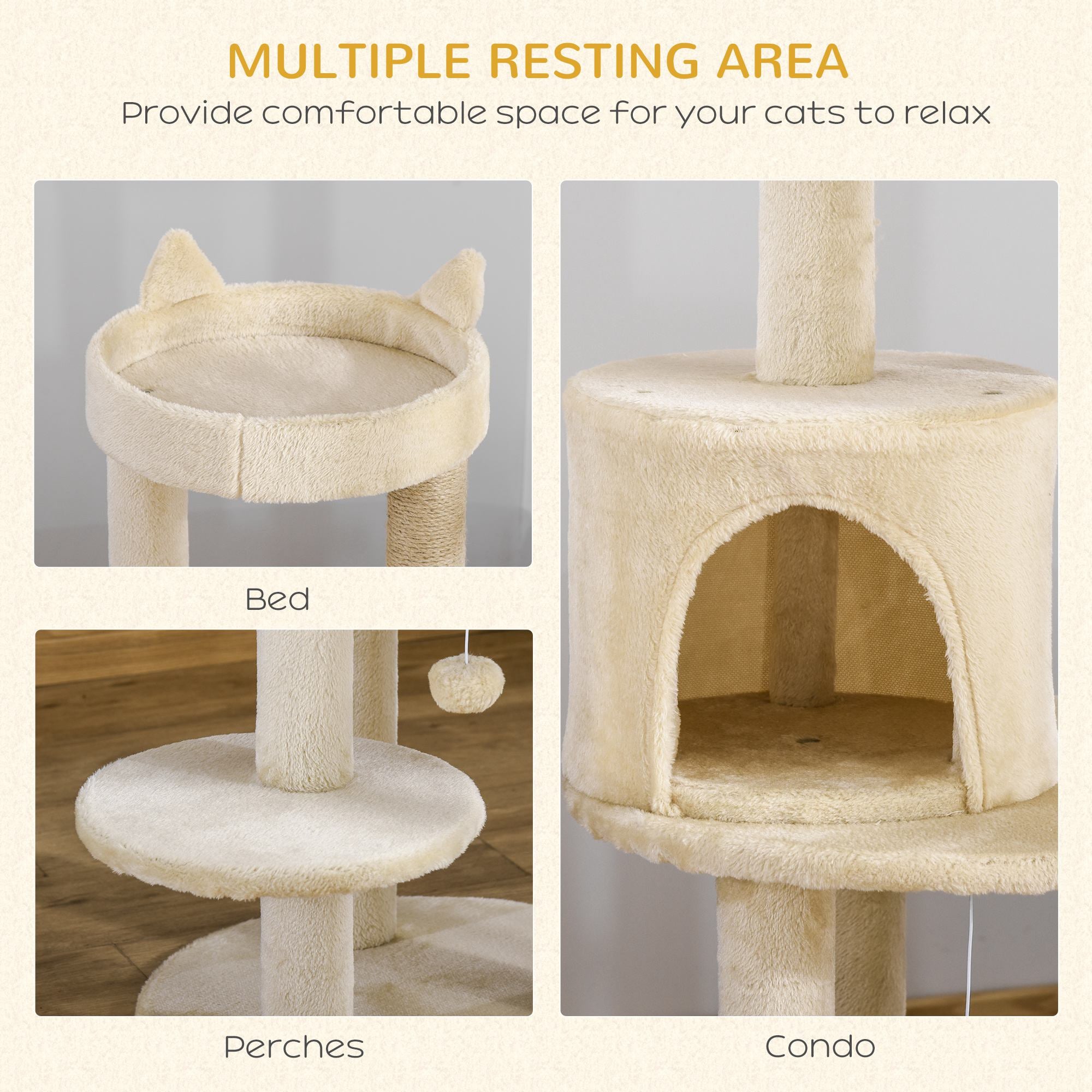 PawHut 104 cm Cat Tree, Cat Condo Tree Tower, Cat Activity Centre with Scratching Posts, Plush Perch, Hanging Ball - Cream White - North Peak Garden Furniture