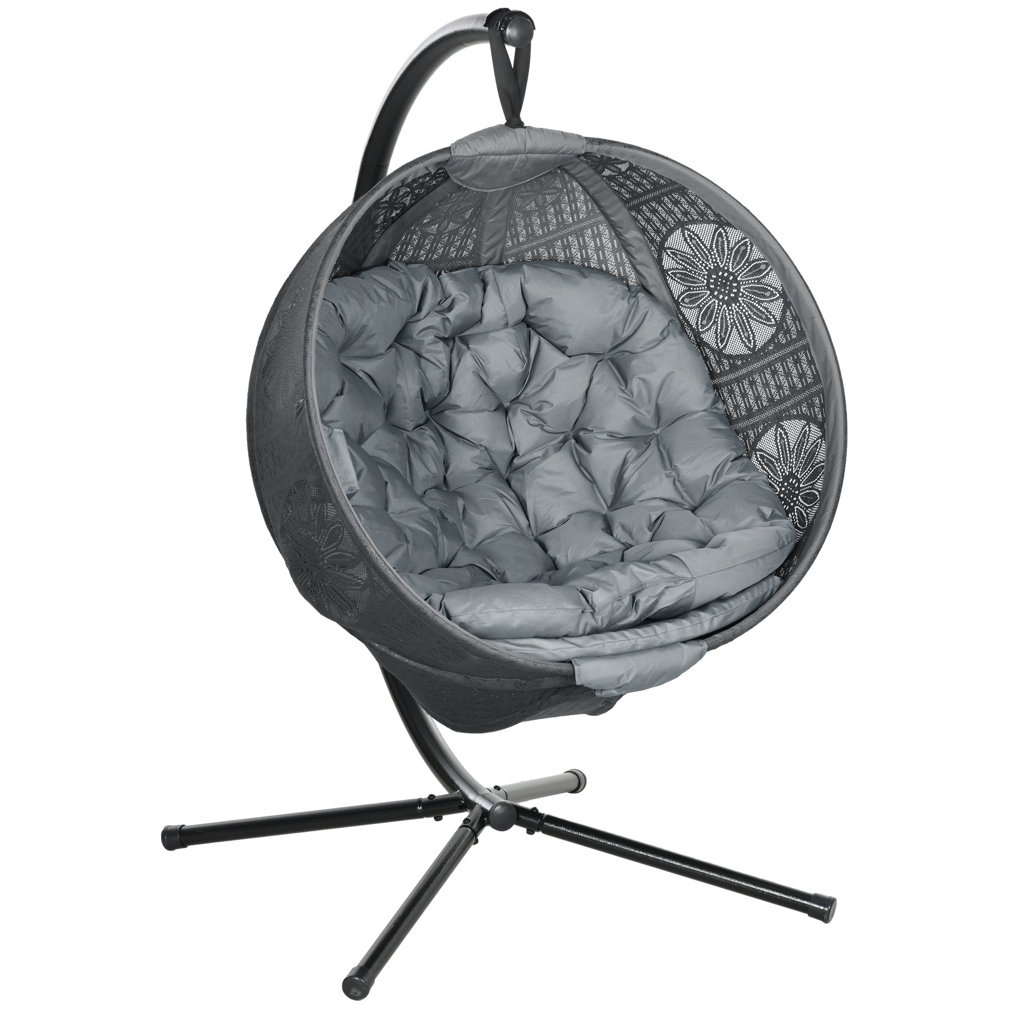 Outsunny Round Egg Basket Chair, with Steel Stand, Charcoal Grey - North Peak Garden Furniture