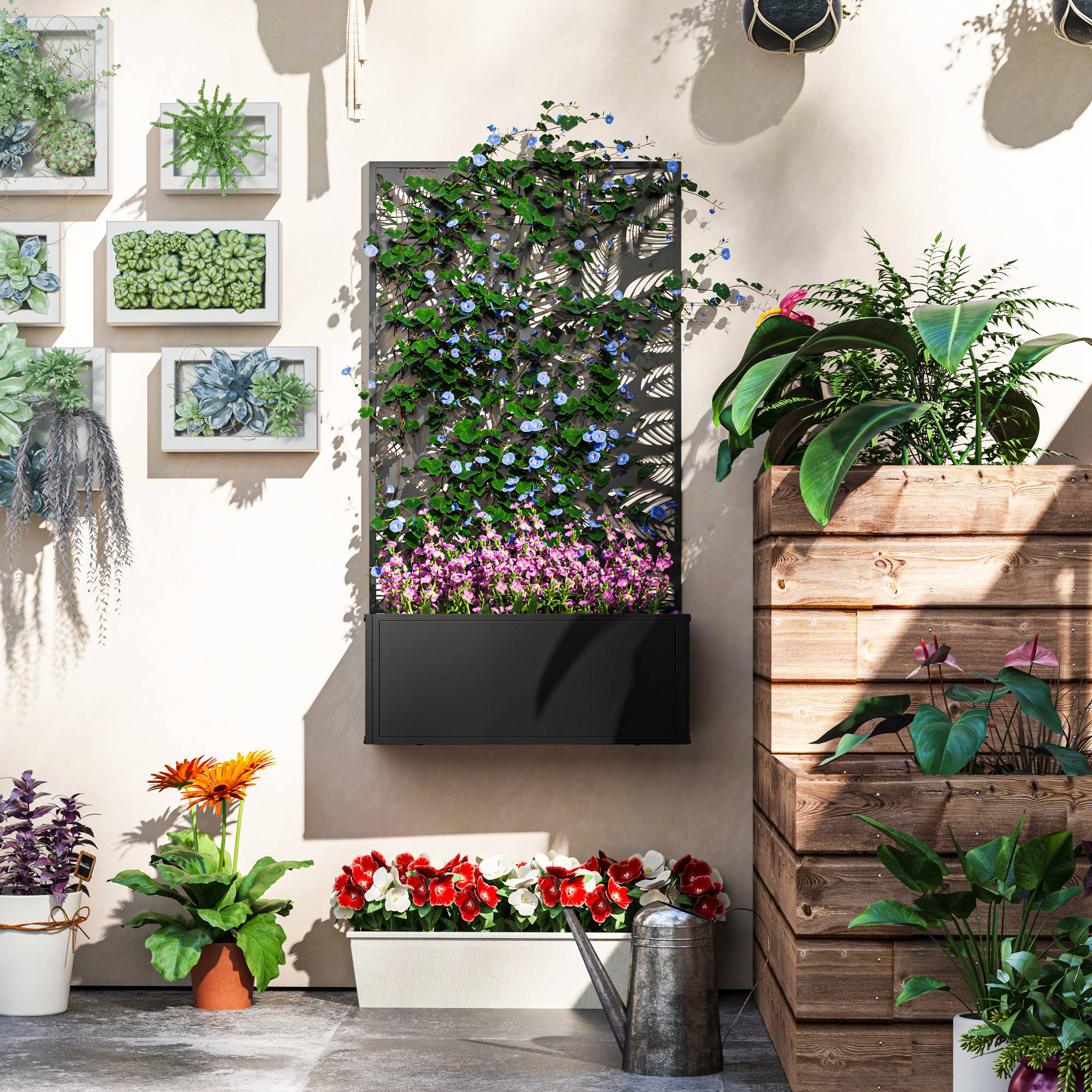 Outsunny Outdoor Metal Planter, with Back Trellis - Black - North Peak Garden Furniture