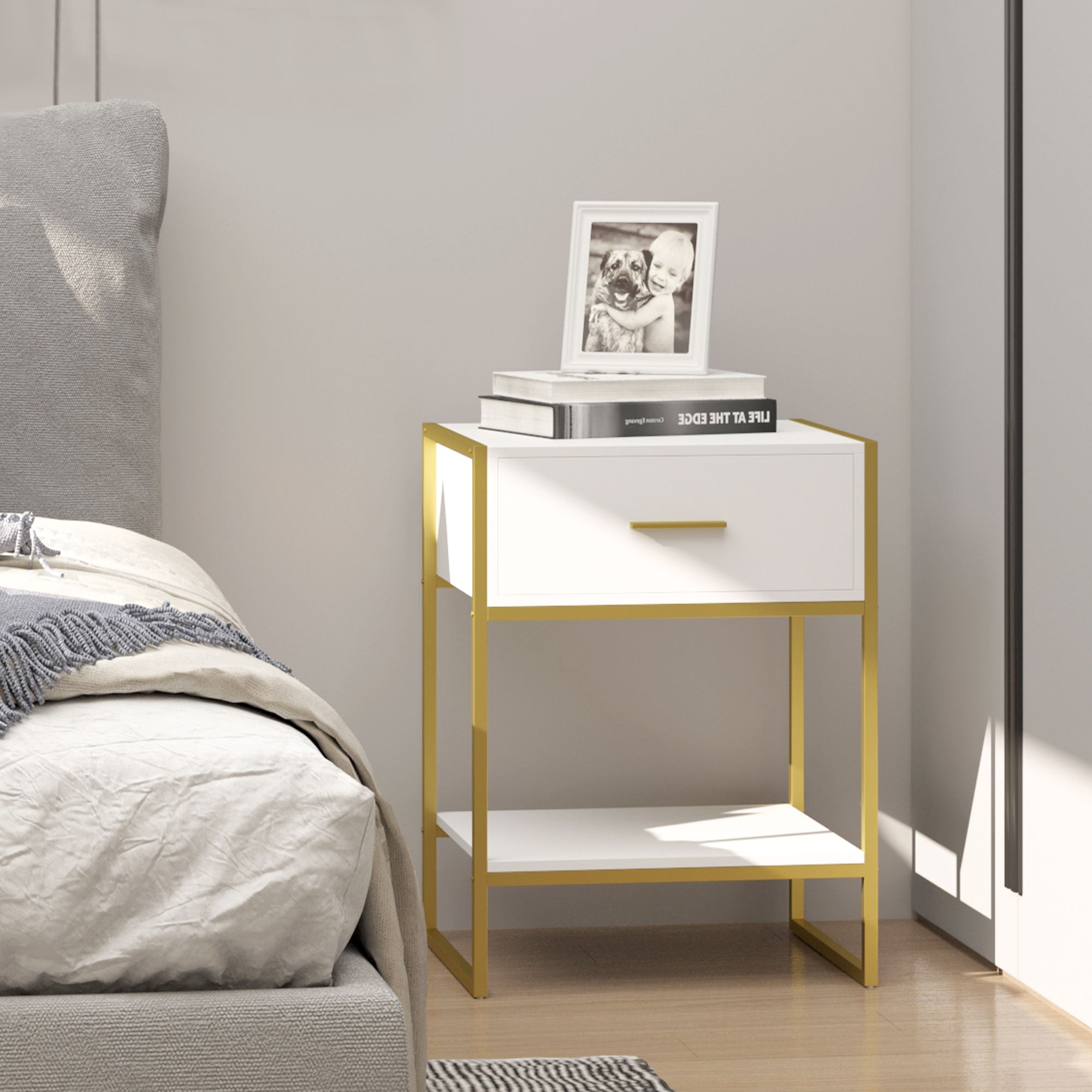 HOMCOM Bedside Table, Modern Side Table with Drawer and Shelf, Nightstand for Bedroom, White