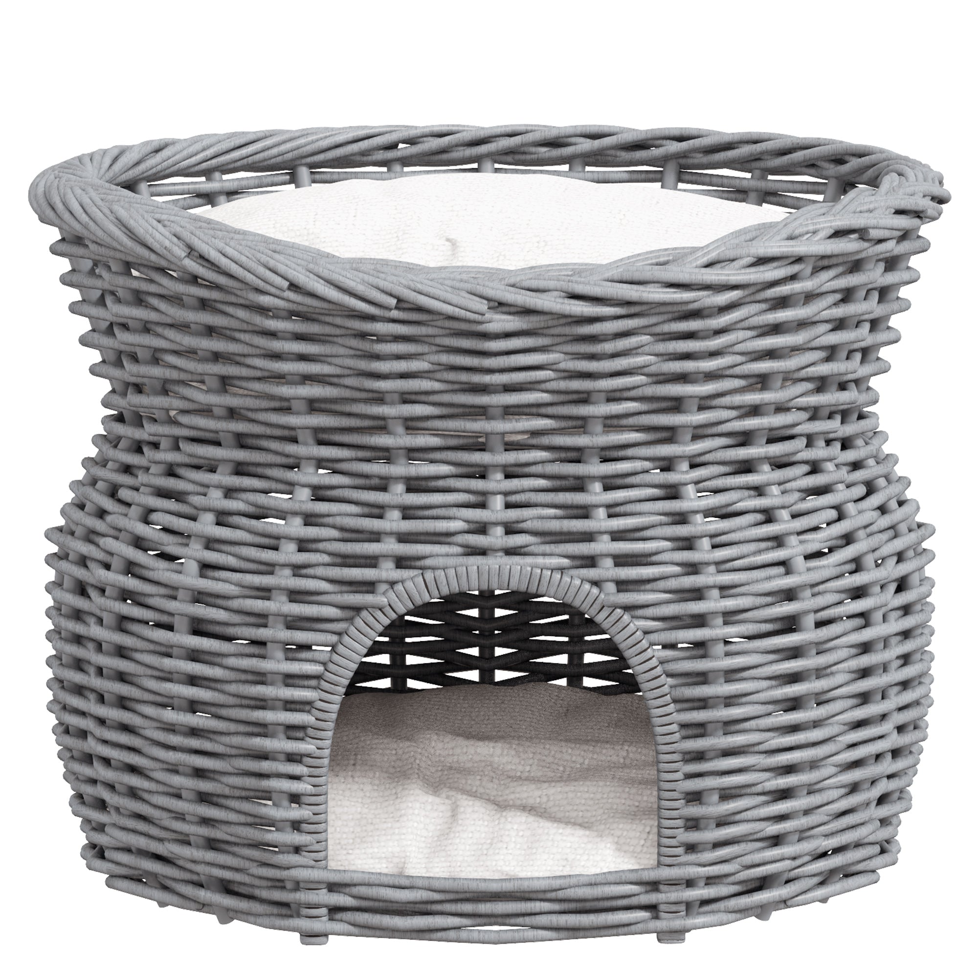 PawHut 2-Tier Wicker Cat House Elevated Pet Bed Basket Willow Kitten Tower Pet Den. with Washable Cushions 56x37x40cm Grey