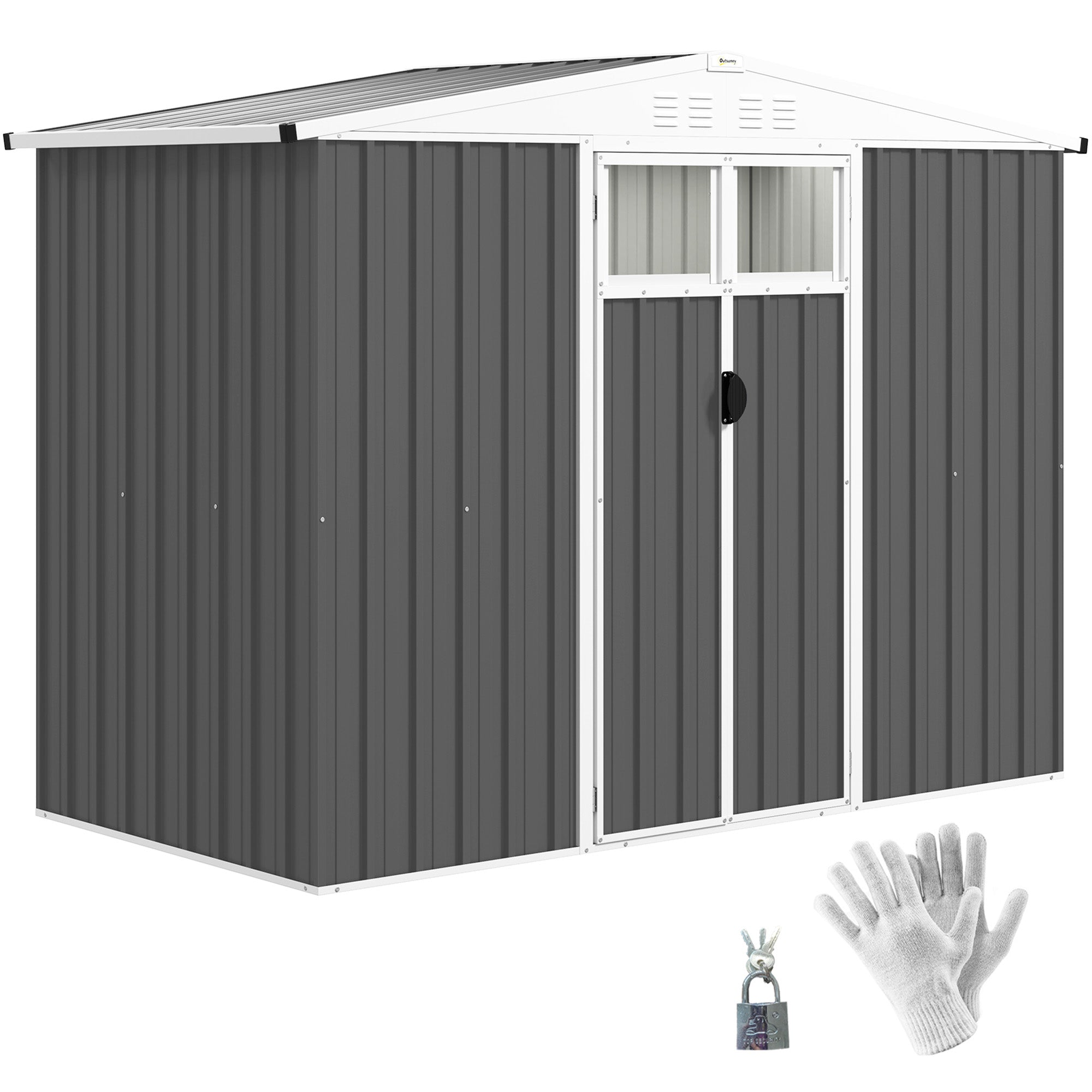 Outsunny 8 x 4 ft Metal Garden Shed, Garden Storage Shed with Window, 4 Vents and Lockable Door, Waterproof Galvanised Steel Tool Storage Shed, Dark Grey - North Peak Garden Furniture
