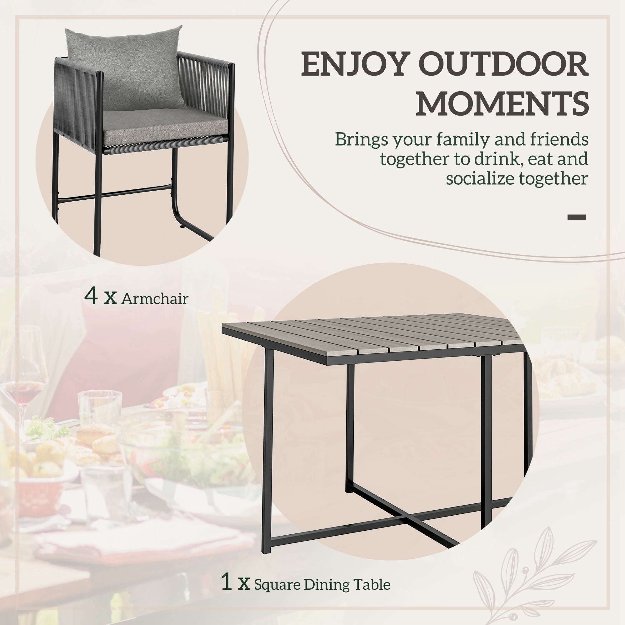 Outsunny 4 Seater Rattan Cube Garden Furniture Set, Rattan Dining Set with Cushions, Outdoor Dining Table and Chairs with Rectangular Wood Grain Plastic Top Table for Patio, Balcony, Grey - North Peak Garden Furniture