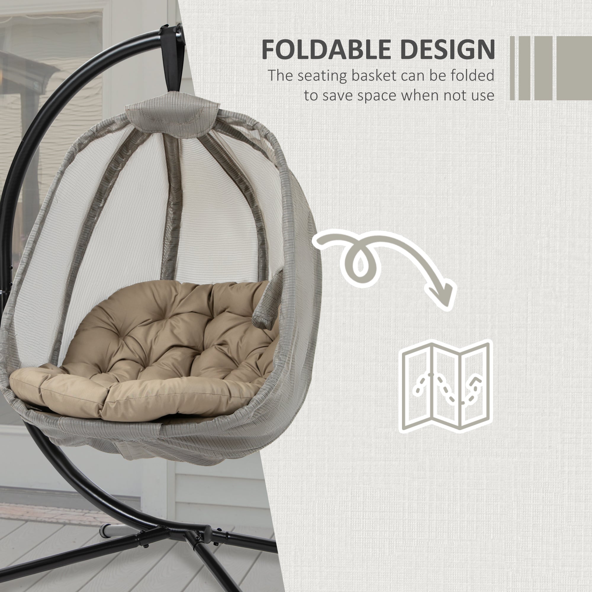 Outsunny Hanging Egg Chair, Folding Texteline Swing Hammock with Side Pocket, Cushion and Stand for Indoor Outdoor, Patio Garden Furniture, Khaki - North Peak Garden Furniture