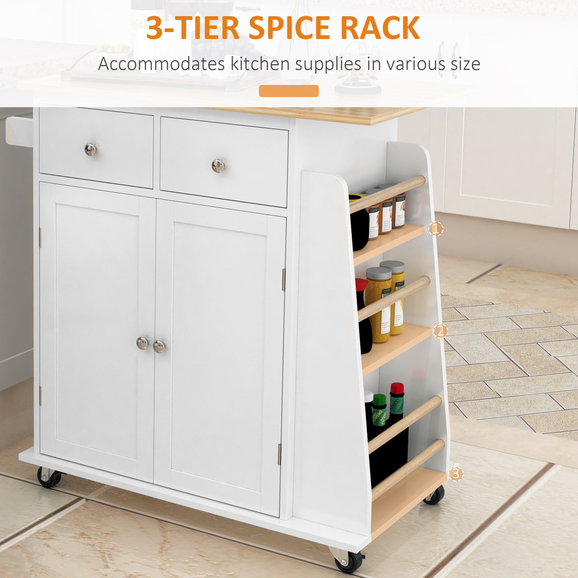 HOMCOM Kitchen Island Storage Cabinet Rolling Trolley with Rubber Wood Top, 3-Tier Spice Rack, Large Cabinet & Drawers - North Peak Garden Furniture