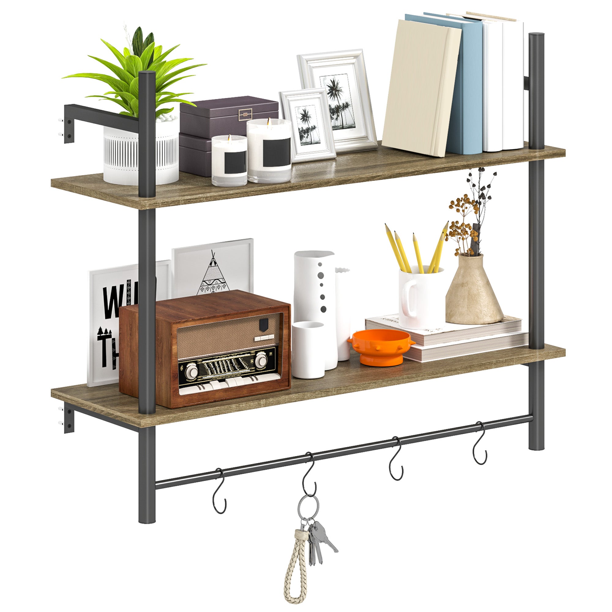 HOMCOM Wall Mounted Floating Shelves with 4 Hooks, Rustic Wall Shelf Unit for Living Room, Entryway, Grey - North Peak Garden Furniture