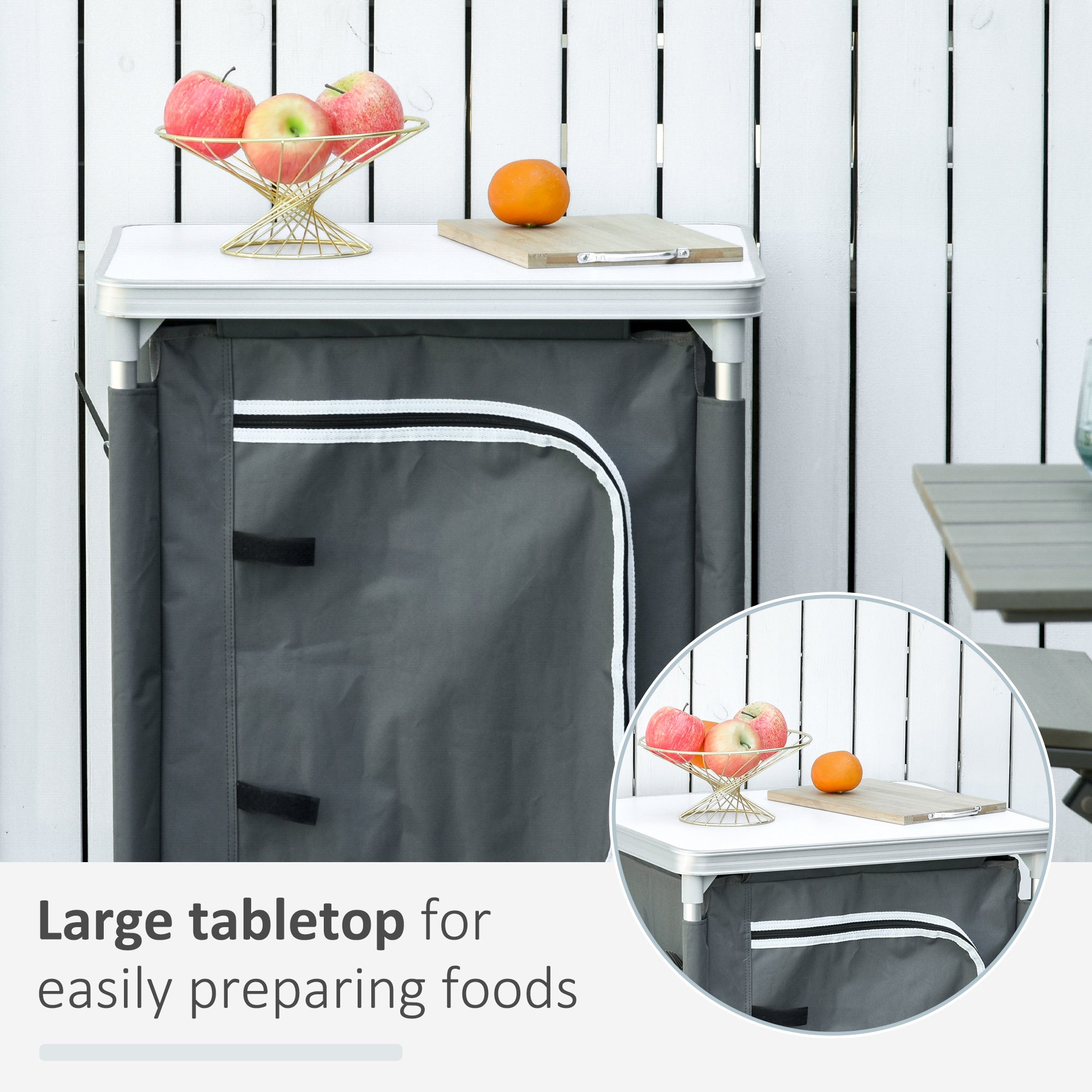 Outsunny 2-Shelf Camping Cupboard Camping Kitchen Station Cook Table Aluminum, Storage Organiser for BBQ Party Picnics Backyards with Carrying Bag - North Peak Garden Furniture