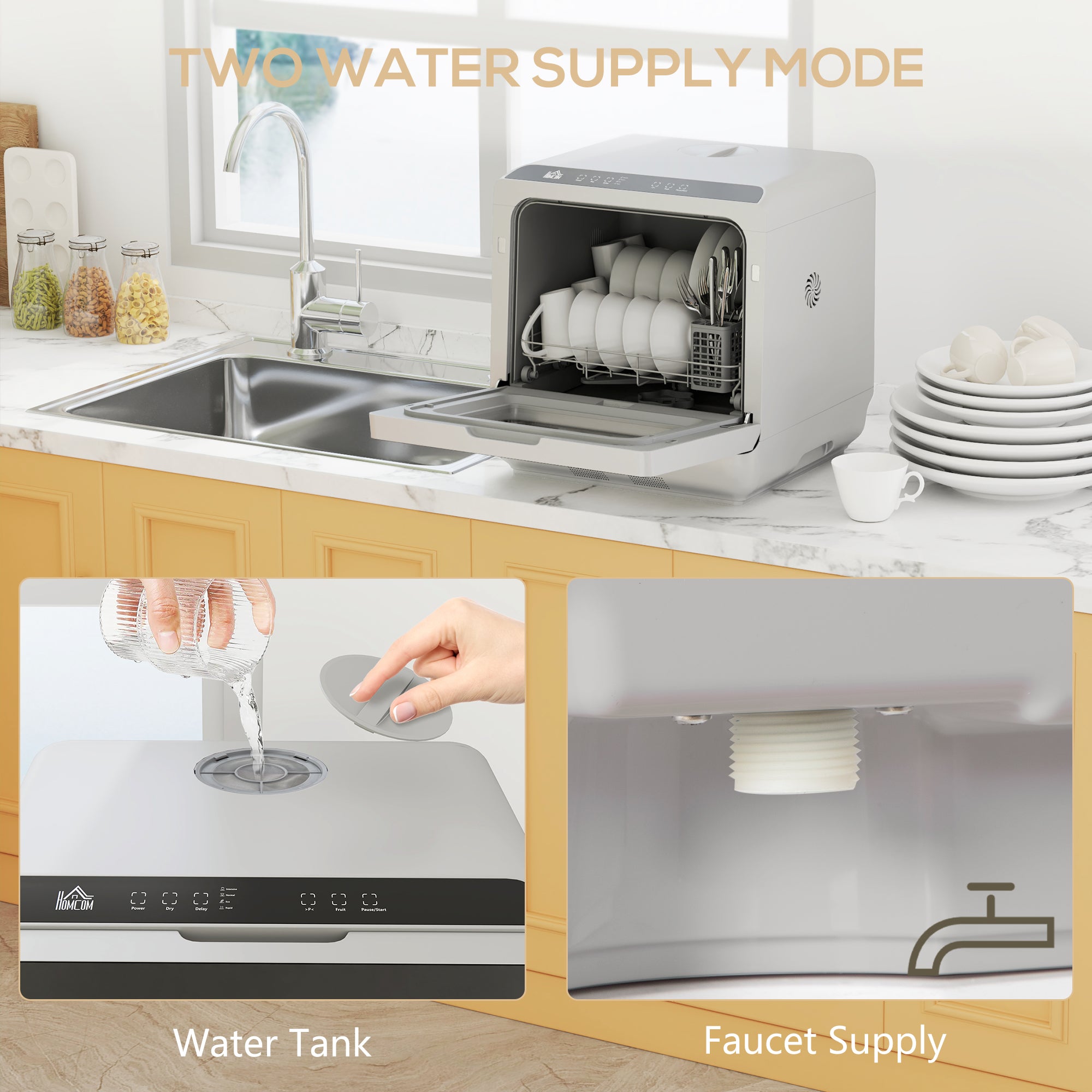 HOMCOM Tabletop Dishwasher, Mini Countertop Dishwasher with 4 Place Settings, 6 Programs, 6L Water Tank, Touch Control, LED Display, Delay Start, Dual Water Supply and Fruit Wash Mode, Silver Tone - North Peak Garden Furniture